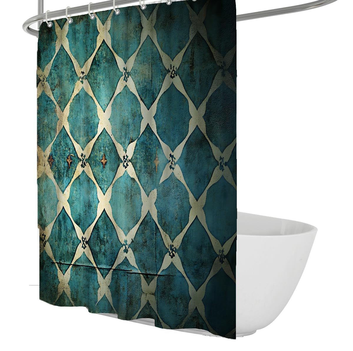 UERWOWELL Vintage Luxury Shower Curtain Teal Green Geometric Patterned Fabric Shower Curtains Southwestern Bathroom Accessories Set with hooks W120xL200 cm