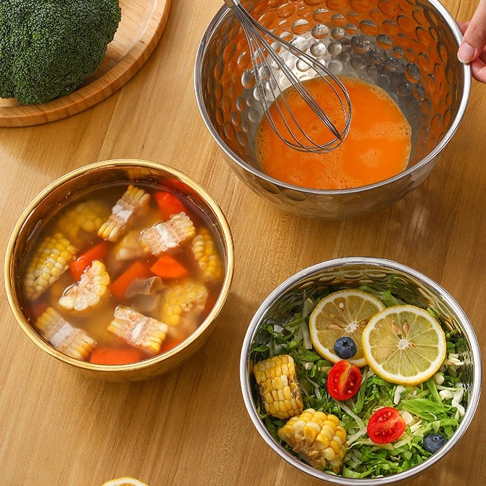 Ensaladera redonda de acero inoxidable con acabado texturizado para el hogar, cuenco multiusos para lavar verduras y batir huevos, cuenco de servir de cocina, cuencos de ensalada anidables para