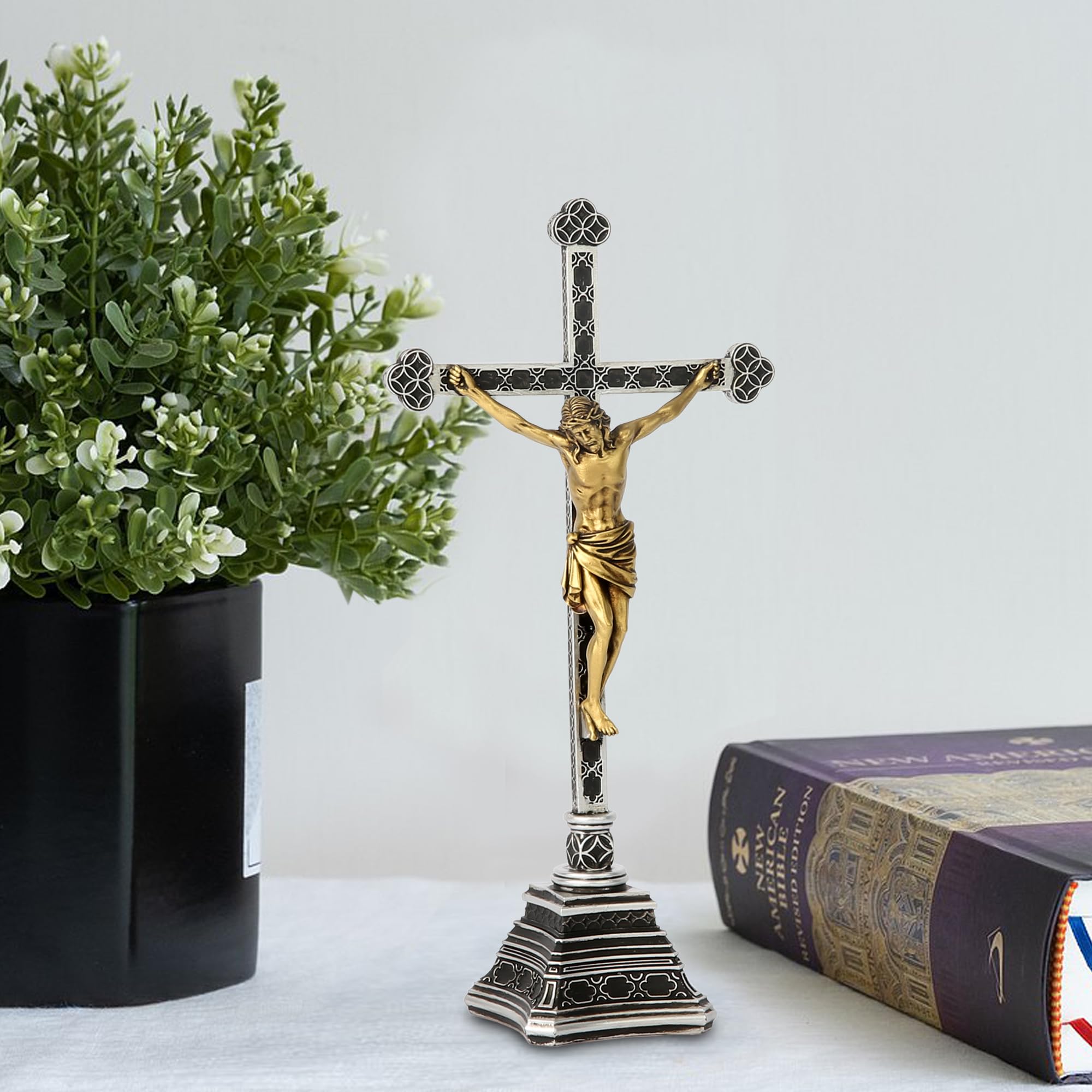 Grace4Joy Standing Crucifix - Table Crucifix with Stand Catholic Home Altar Decor, Hand Painted Jesus Cross with Base Holy Statue Religious Gifts 8 Inch High