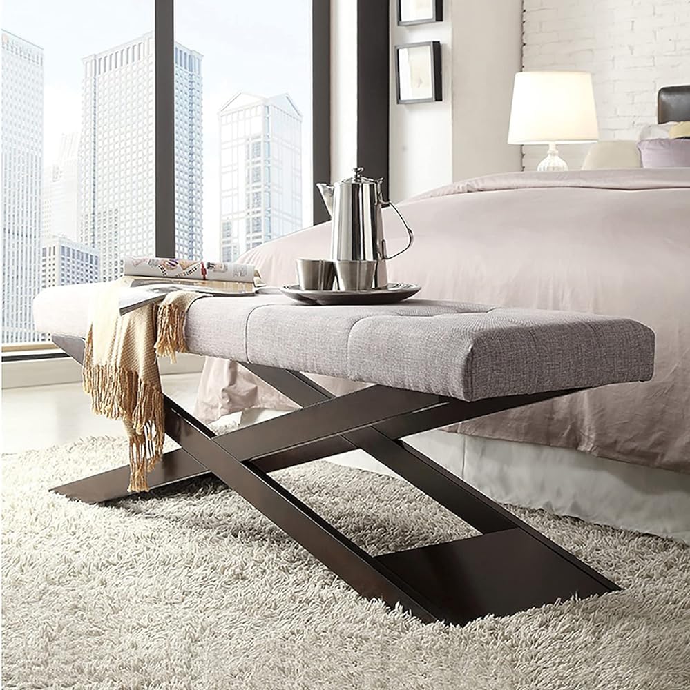 Banc d'appoint moderne avec base en métal robuste et assise premium en lin