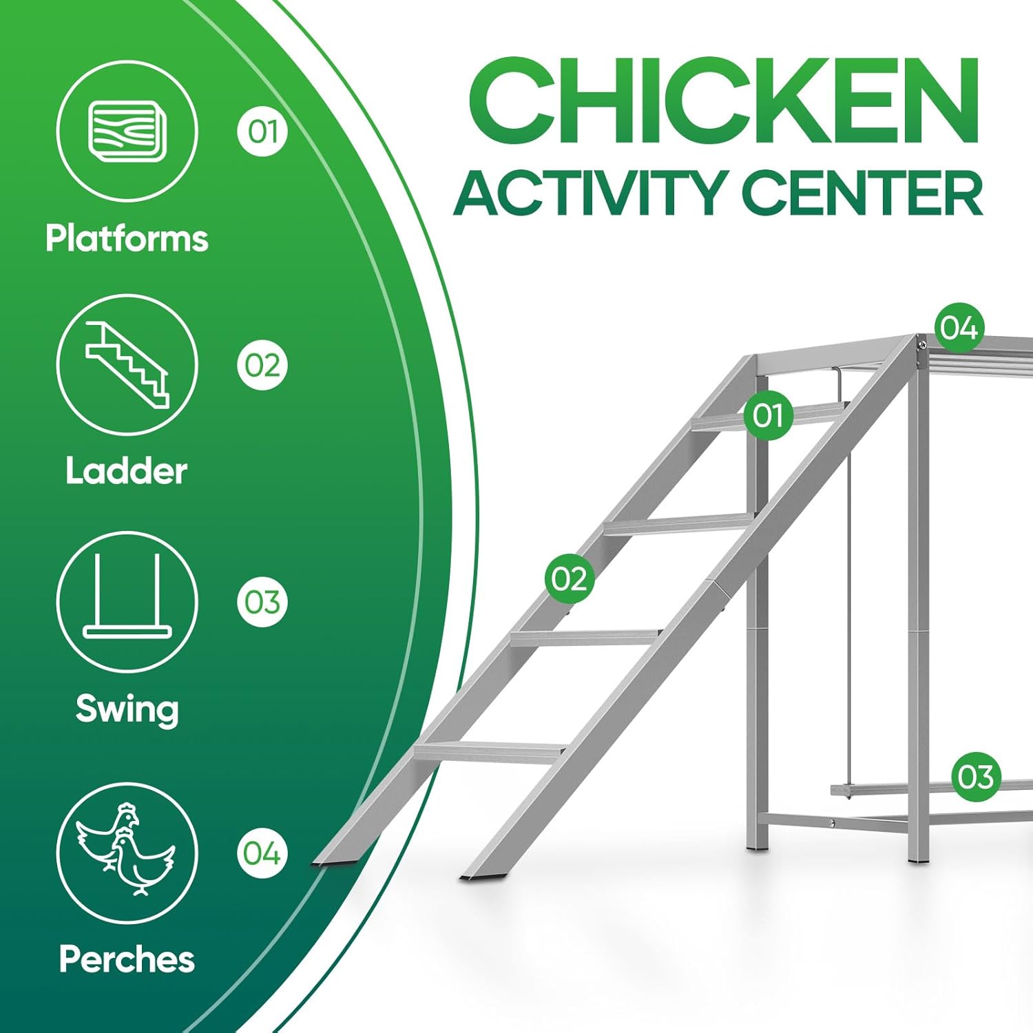 Diagram of the Chicken Activity Center components: Platforms, Ladder, Swing, Perches.