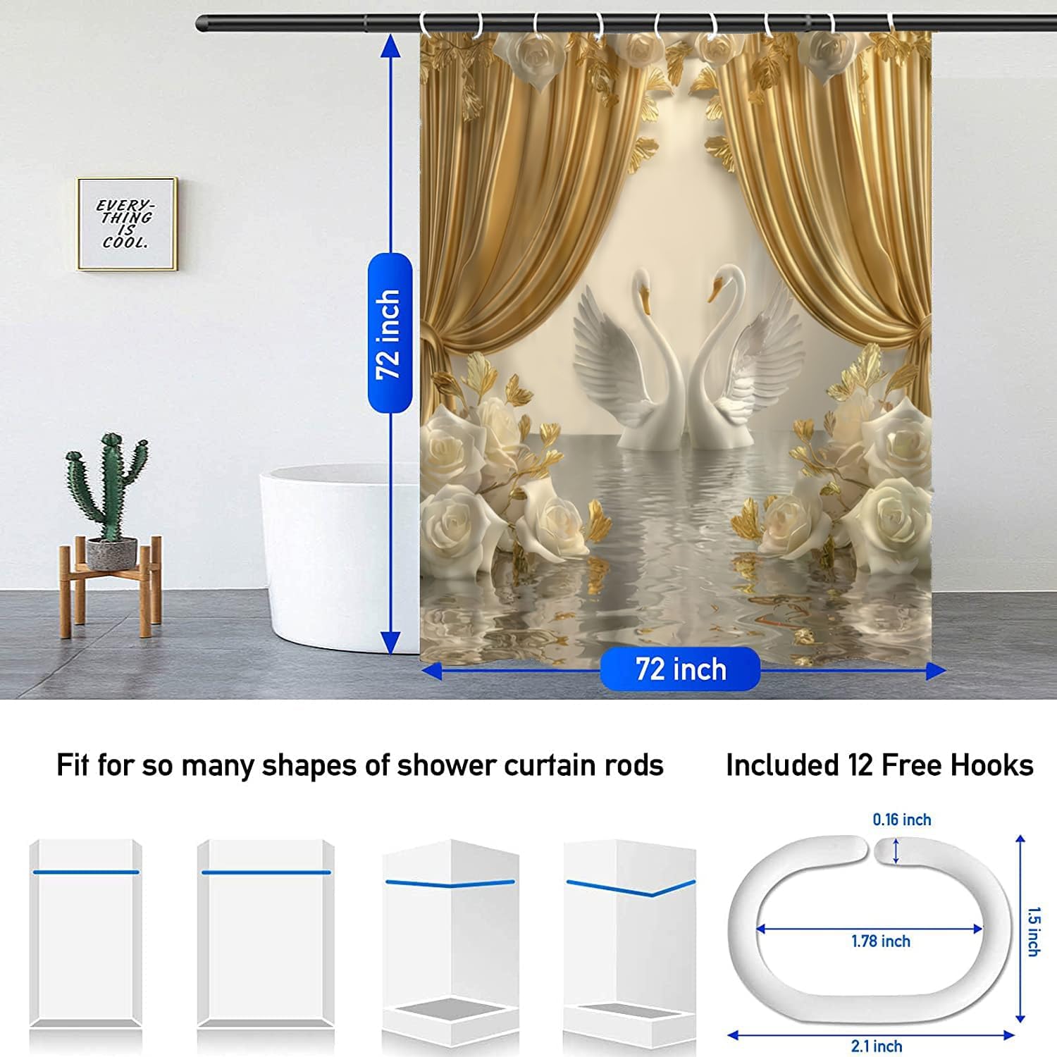 NBVKO 4Pcs Luxury Swan Rose Printed Shower Curtain Set with 12 Hooks Non-Slip Rugs,Toilet Lid Cover and Bath Mat, Stylish Bathroom Decor for Hotel & Home Bathroom