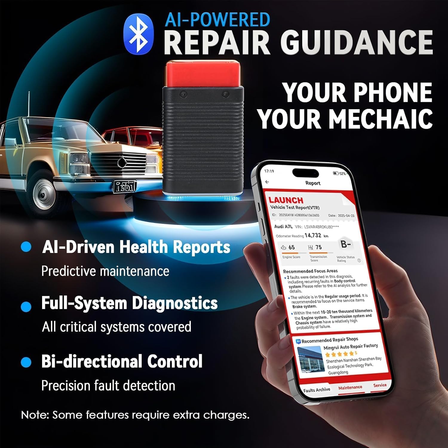 LAUNCH AIOBD Bluetooth OBD2 Scanner - Full System Diagnostics, AI Explains Faults Simply, Parts/Labor/Cost Estimates, Works with iPhone & Android