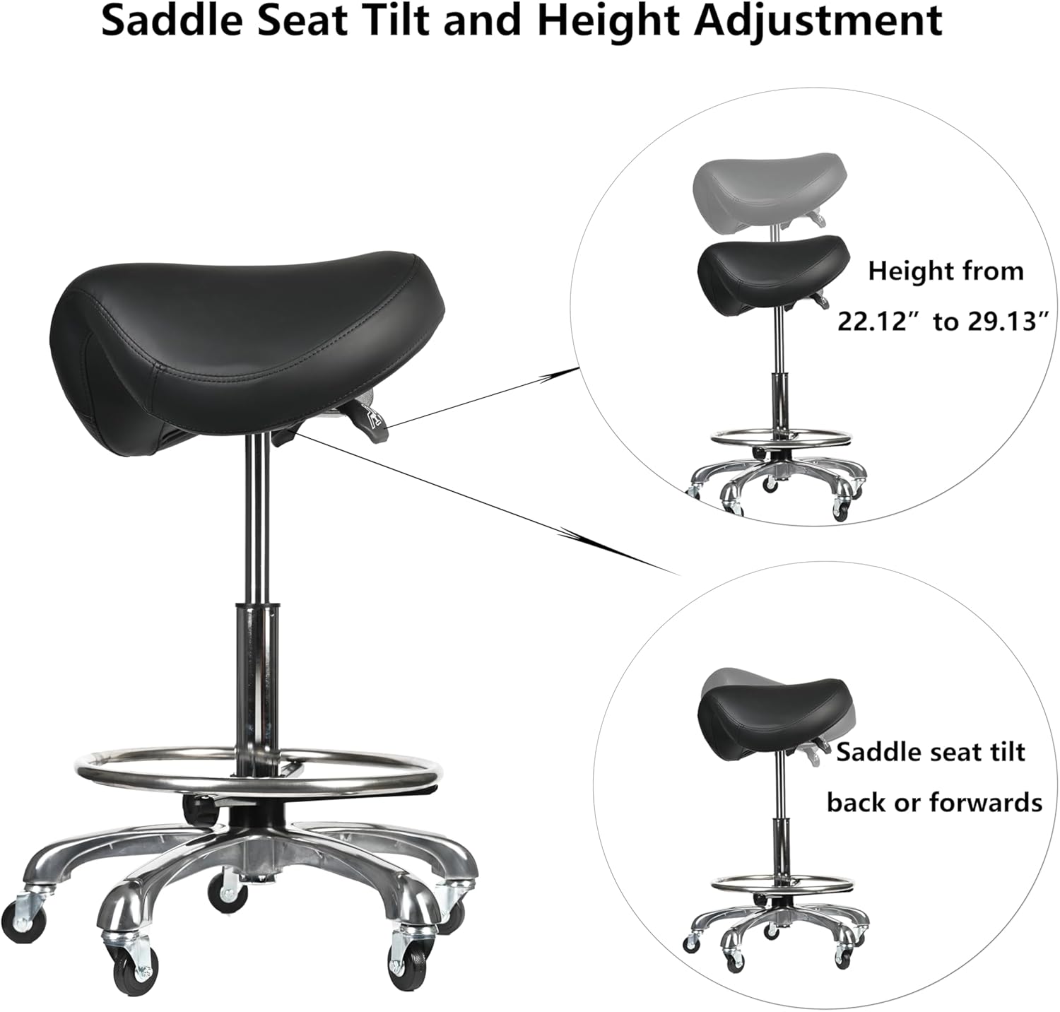 Saddle Tilting Stool Rolling Chair with Thicker Seat Swivel Ergonomic Height Adjustable Footrest Wheels for Beauty Spa Salon Dental Medical Clinic Kitchen Home Office Shop Bar Black