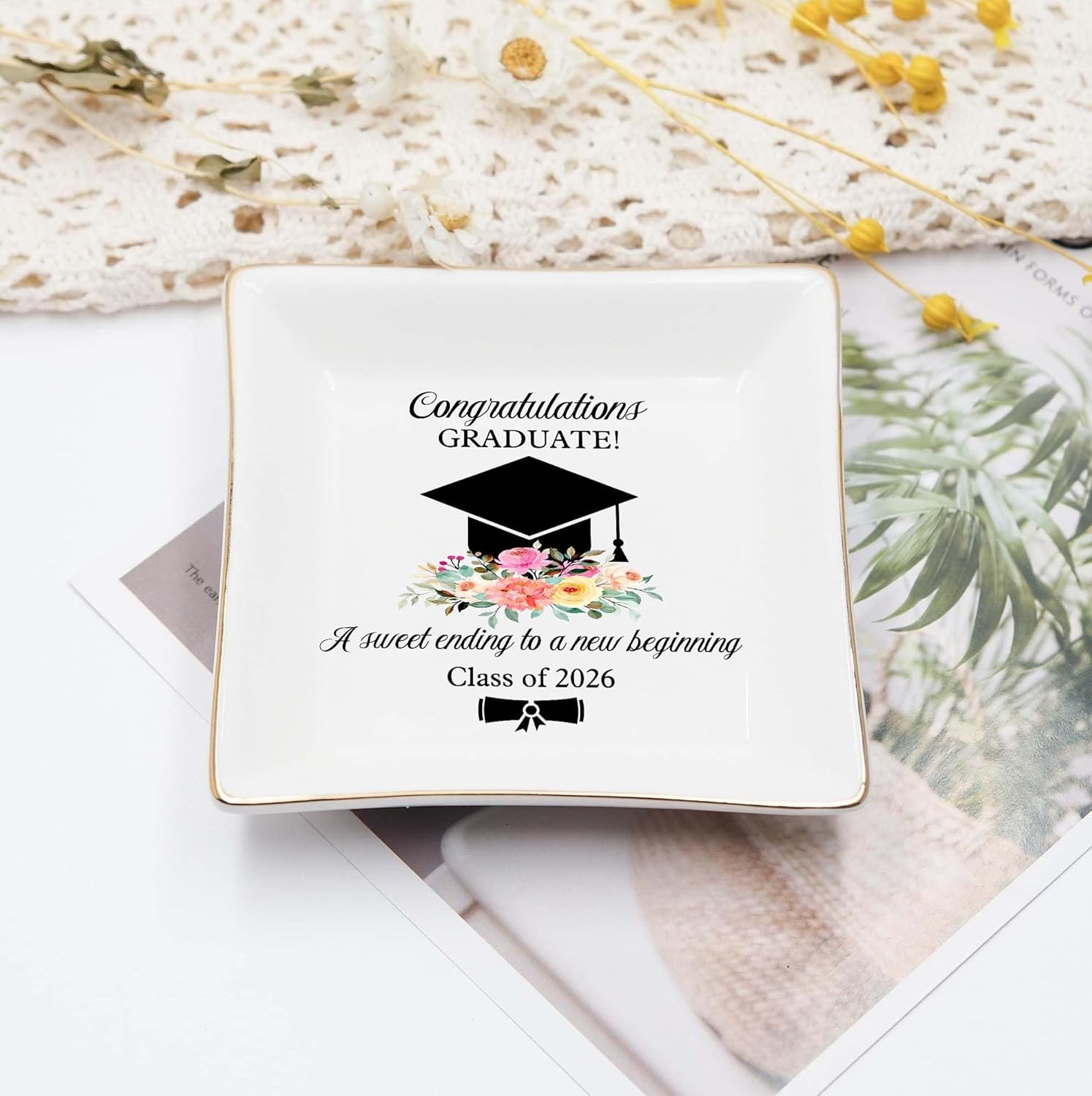 Graduation Gift for Her 2026 – Cap & Flowers Graduate 4" Ceramic Jewelry Dish – Class of 2026 Gift for Daughter, Sister, Friend– High School, College or University Graduate Keepsake Jewelry Tray Gifts - Image 2