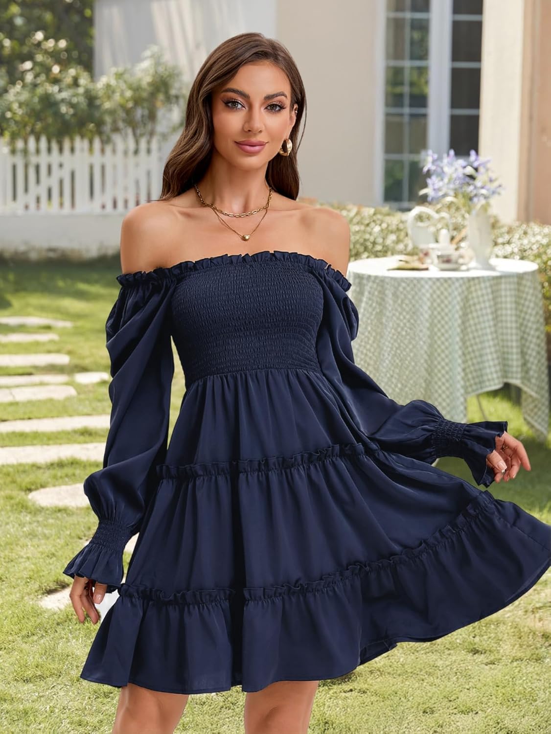 Women's Square Neck Fall Long Sleeve Shirred Smocked Ruffle Hem A Line Flowy Swing Party Mini Dress - Image 2