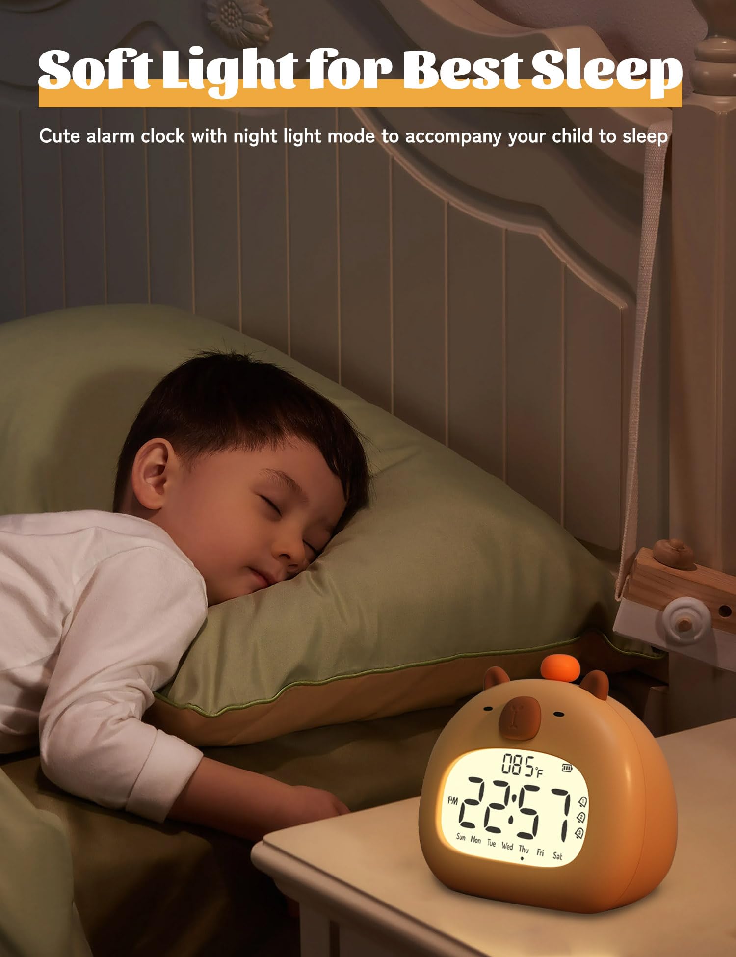 IHALO Capibara Sveglia Bambini, Comodino con Luce Notturna, Display Digitale LED 3,15 Pollici, Tre Allarme, Modalità Weekend, Data, Ora, Temperatura, Ricaricabile, Decorazione Cameretta per Bebè