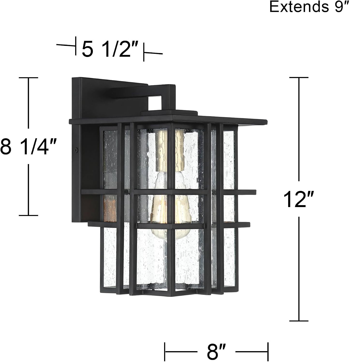 Possini Euro Design Arley Modern Industrial Outdoor Wall Light Fixtures Set of 2 Black Geometric Frame 12" Seedy Glass for Post Exterior Barn Deck House Porch Yard Patio Garage Garden Outside