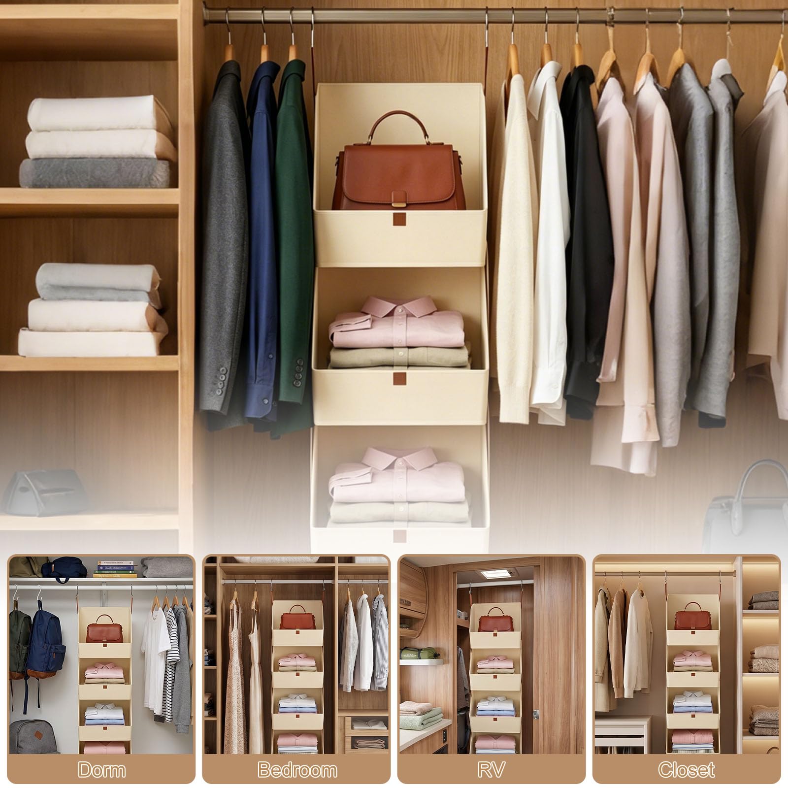Organizer da appendere, portaoggetti da appendere, gancio in metallo, organizer per armadio | 4 scomparti, in tessuto non tessuto, da appendere, pieghevole e salvaspazio, per camera da letto