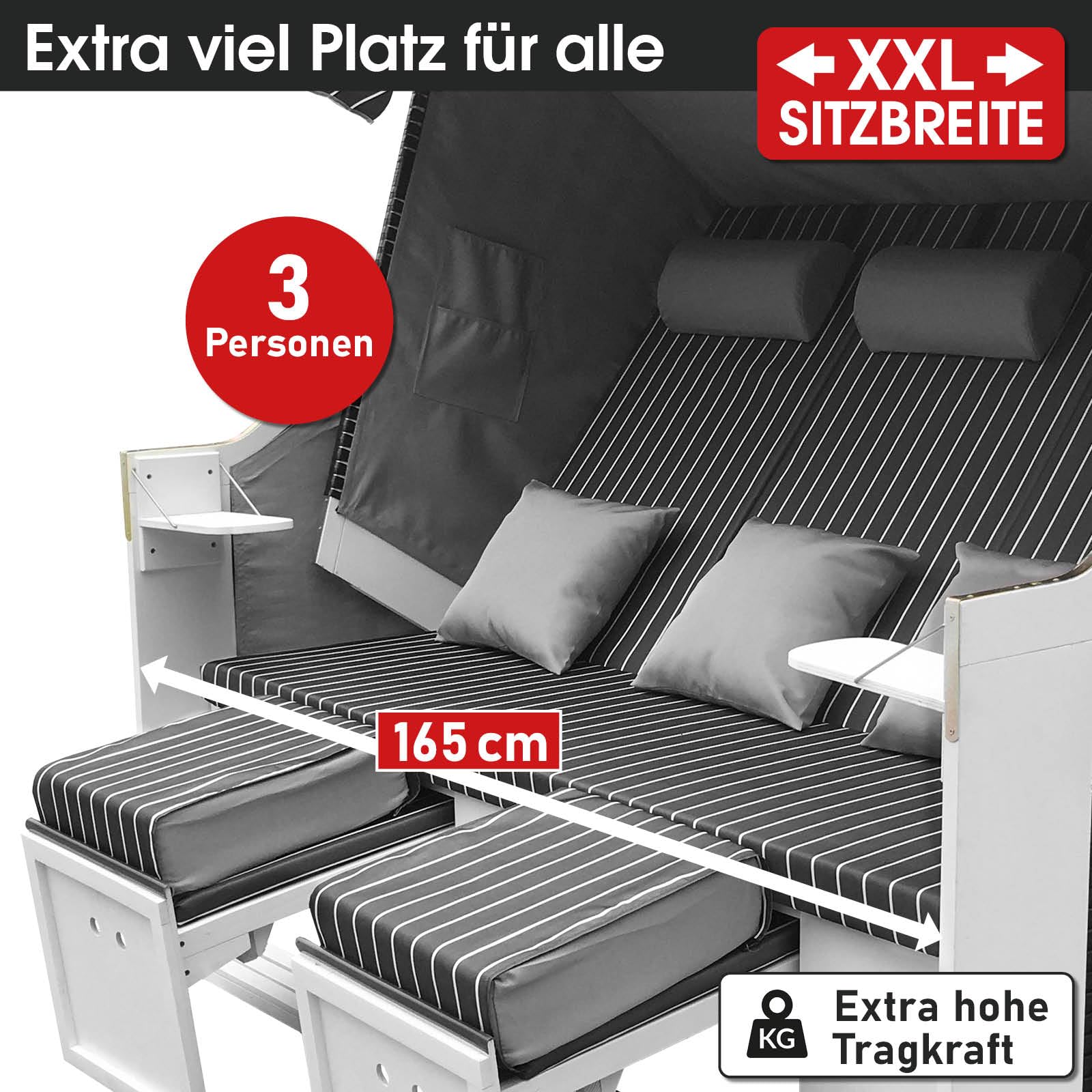 BRAST Corbeille de Plage mer Baltique 3 Places 165x160x79cm Osier en Poly rotin/Bois imperméable + Housse trés Confortable - Chaise Longue Strandkorb - Anthracite/Gris rayée
