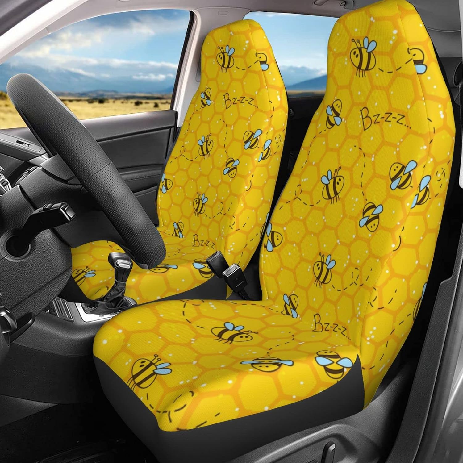 Cute Yellow Bee Color Car Seat Covers Set 2 Pcs Auto Interior Car Accessories Protetors Car Mat Covers Universal Fit Most Car SUV Van Truck Vehicle