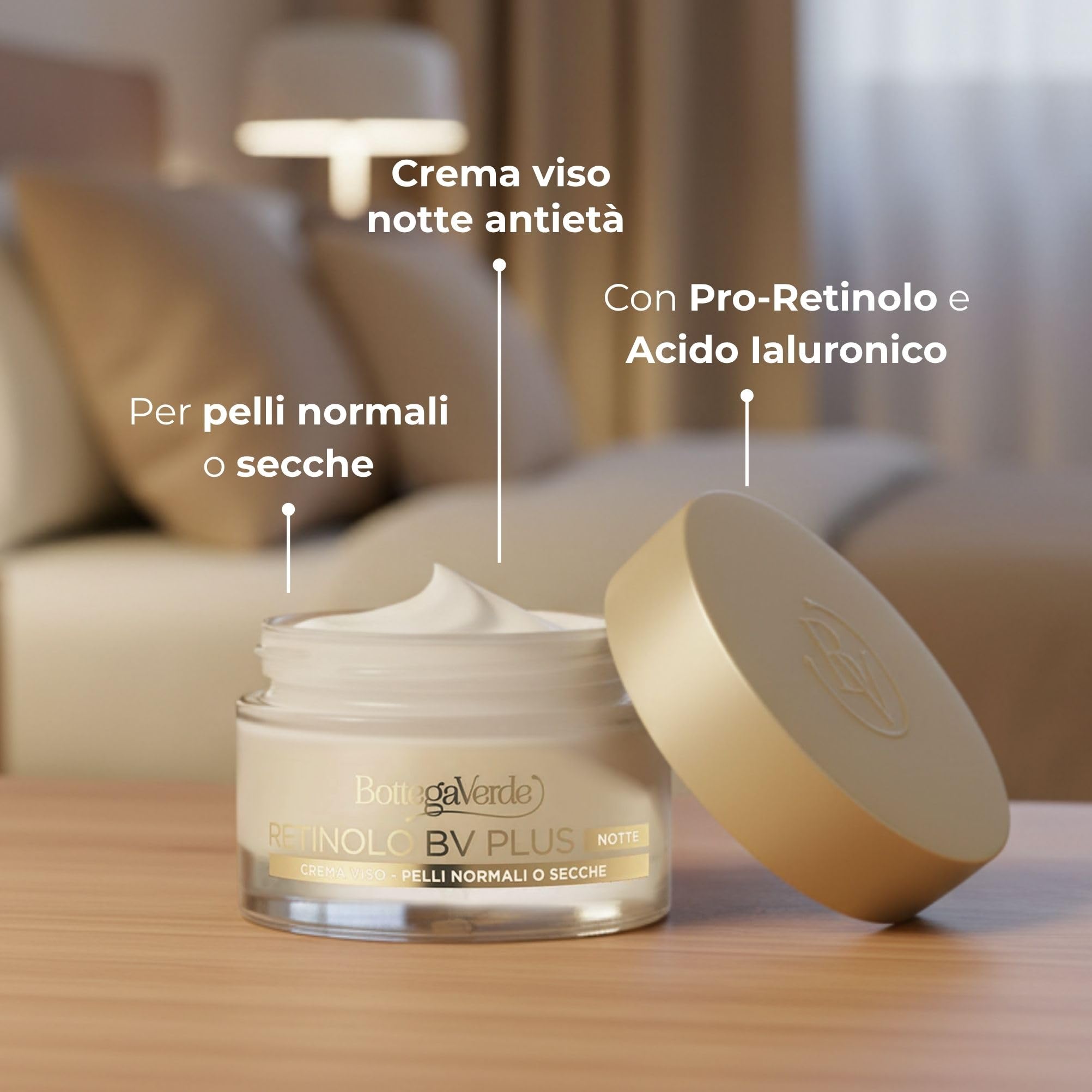Bottega Verde - Retinolo BV Plus, Crema Viso Notte Antirughe e Antietà, 50 ml, con Pro-Retinolo e Acido Ialuronico, Azione Elasticizzante, Pelli Normali o Secche