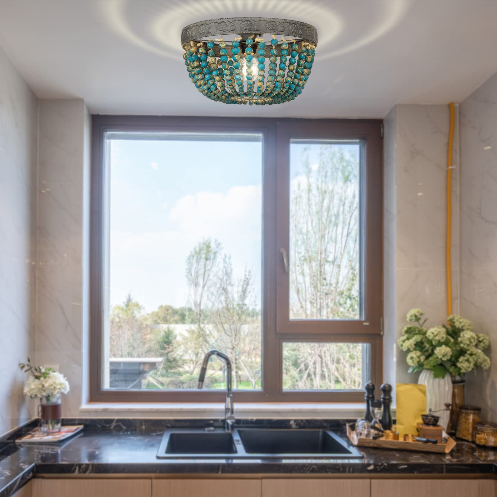 FIRVRE Naturalne drewniane koraliki Żyrandol Bohemian Vintage Rustykalna lampa sufitowa Boho Farmhouse E27 Lampa stołowa Światło do jadalni Sypialnia Przedpokój Schody Kuchnia (szaro-niebieski-s)