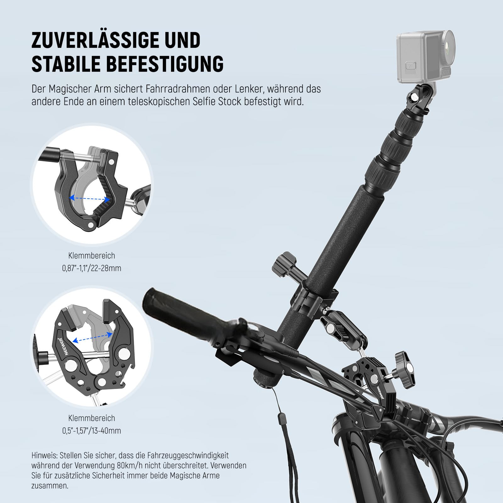 NEEWER Motorrad Kamerahalterung Set, unsichtbarer Selfie Stick für Fahrradlenker, 360°Kugelgelenke, Superklemmen und Reinigungstuch, kompatibel mit GoPro Insta360 DJI AKASO Action Kameras, GP-30