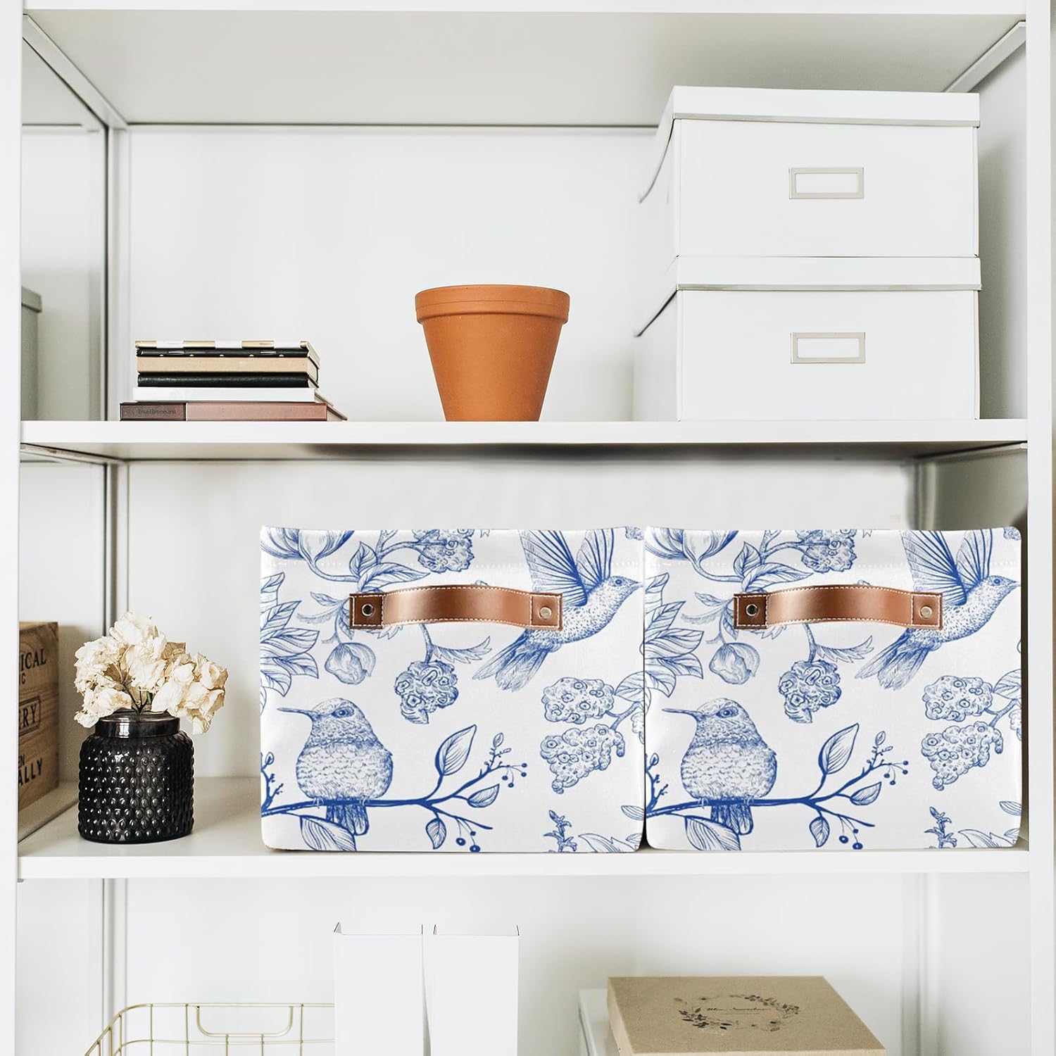 susiyo Chinoiserie Blue Floral Birds Closet Storage Bins with PU Handles, Foldable Fabric Storage Baskets for Shelves, Decorative Baskets Clothes Storage Baskets for Organizing-2Pack