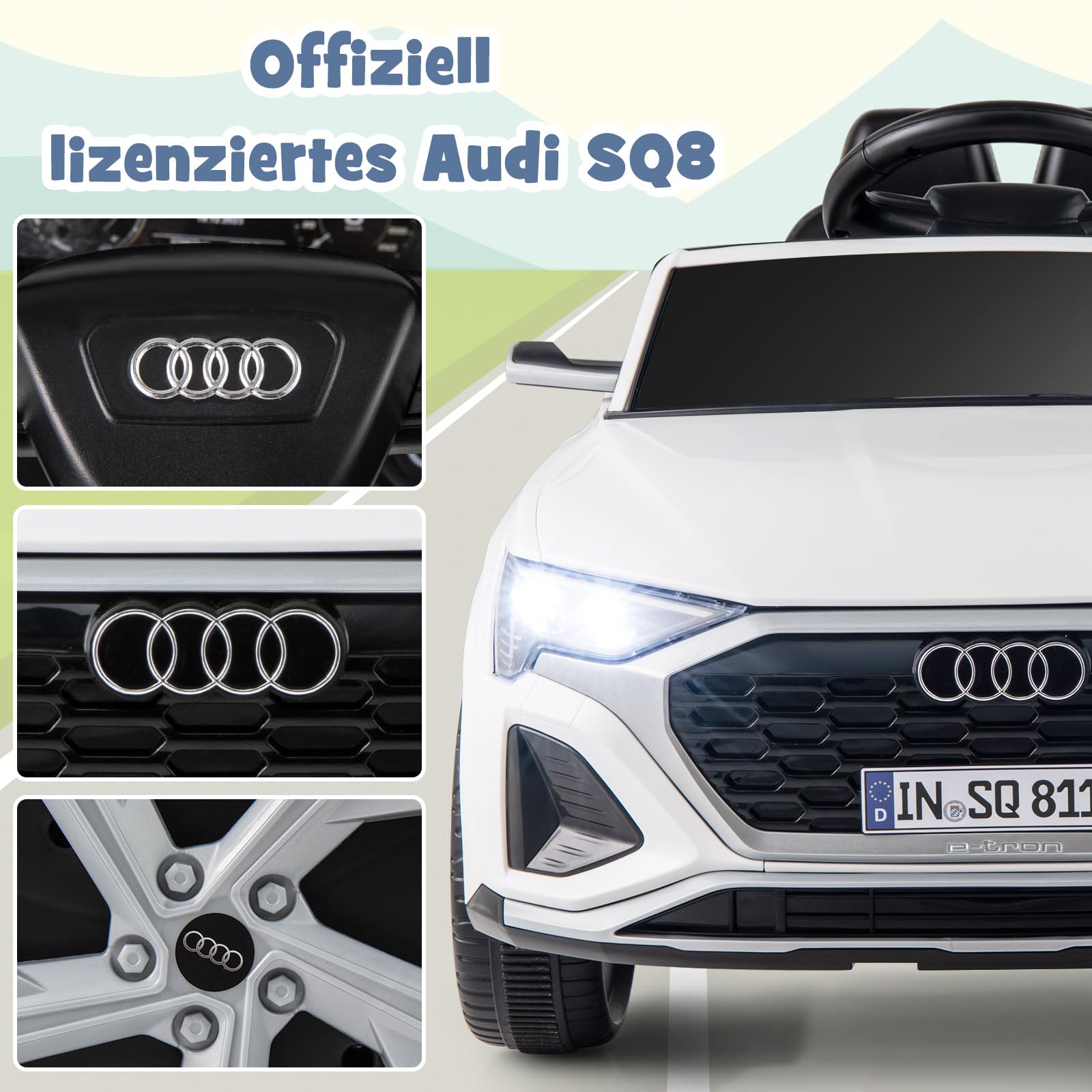 COSTWAY Kinder Elektroauto Audi SQ8, 12V Elektrofahrzeug mit 2,4G Fernbedienung & Hupe & Scheinwerfer & Musik, 3-Gang Kinderauto Elektrisch, Elektroauto für Kinder ab 3 Jahren (Weiß)
