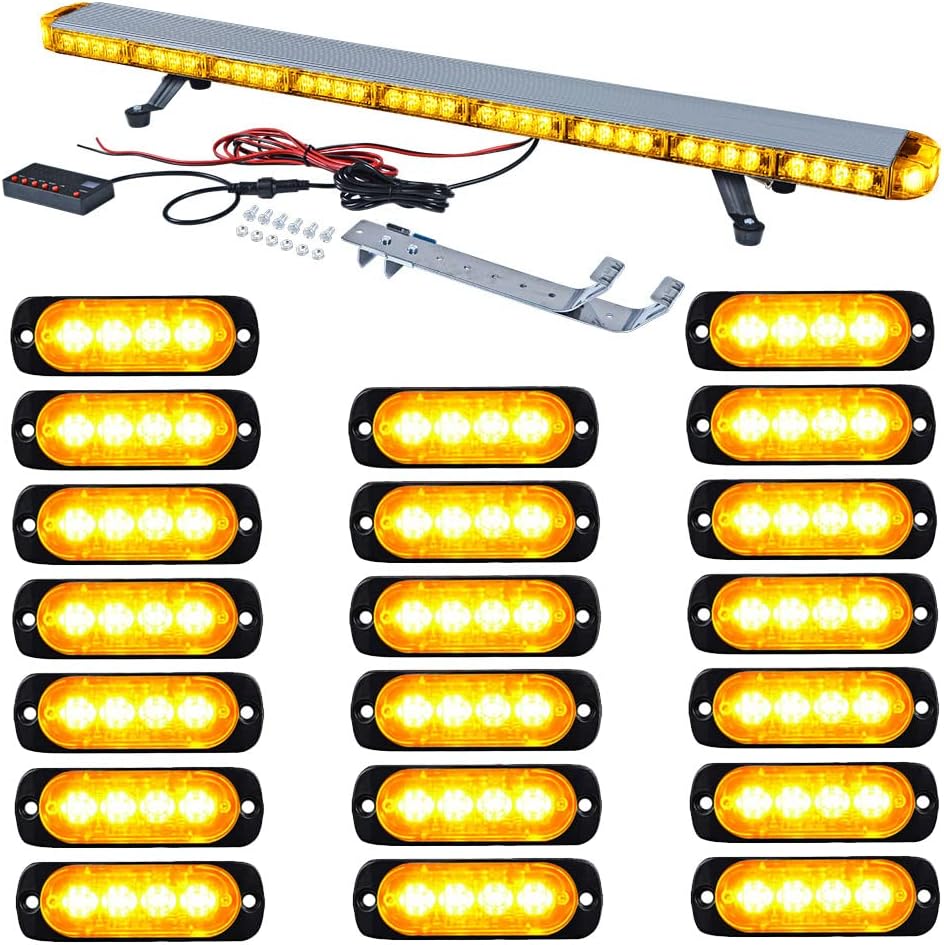 Astra Depot 46" Amber Emergency Strobe Lightbar with Digital Switch + 20X AMBER Ultra Thin 4-LED Flashing Warning Hazard Light for Car Tow Truck Van Off-Road Vehicle Traffic Pilot Snowplow
