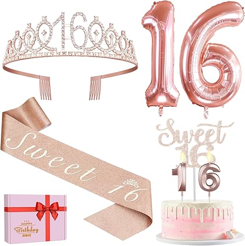 Miniatura 161 de Decoraciones de cumpleaños número 17 para niña, incluyendo tiara y banda de cumpleaños de 17, decoración para pastel y velas, globos de números