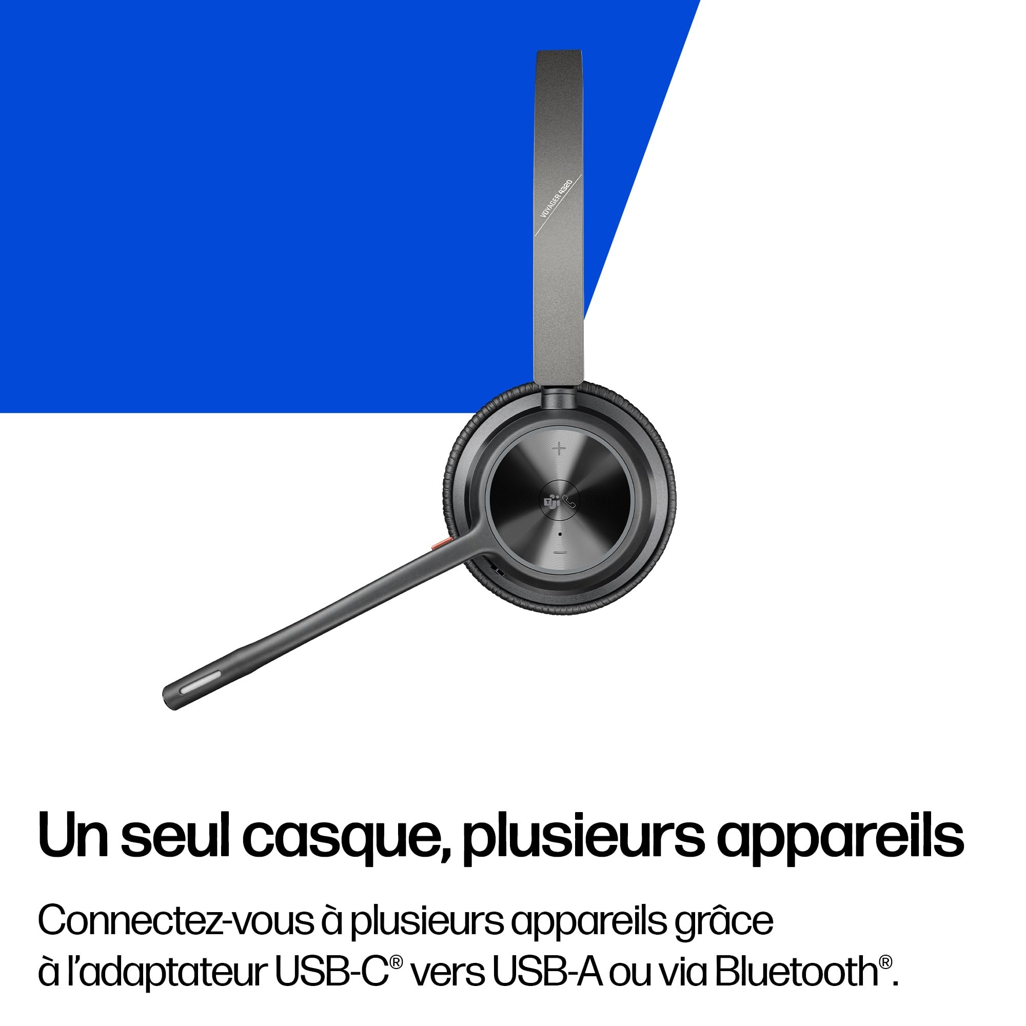 Micro-casque sans fil Poly Voyager 4320 UC et socle de chargement - Micro-casques binauraux avec perche microphone antibruit - Connexion à un PC/Mac/Téléphone portable via Bluetooth - Teams (certifié)