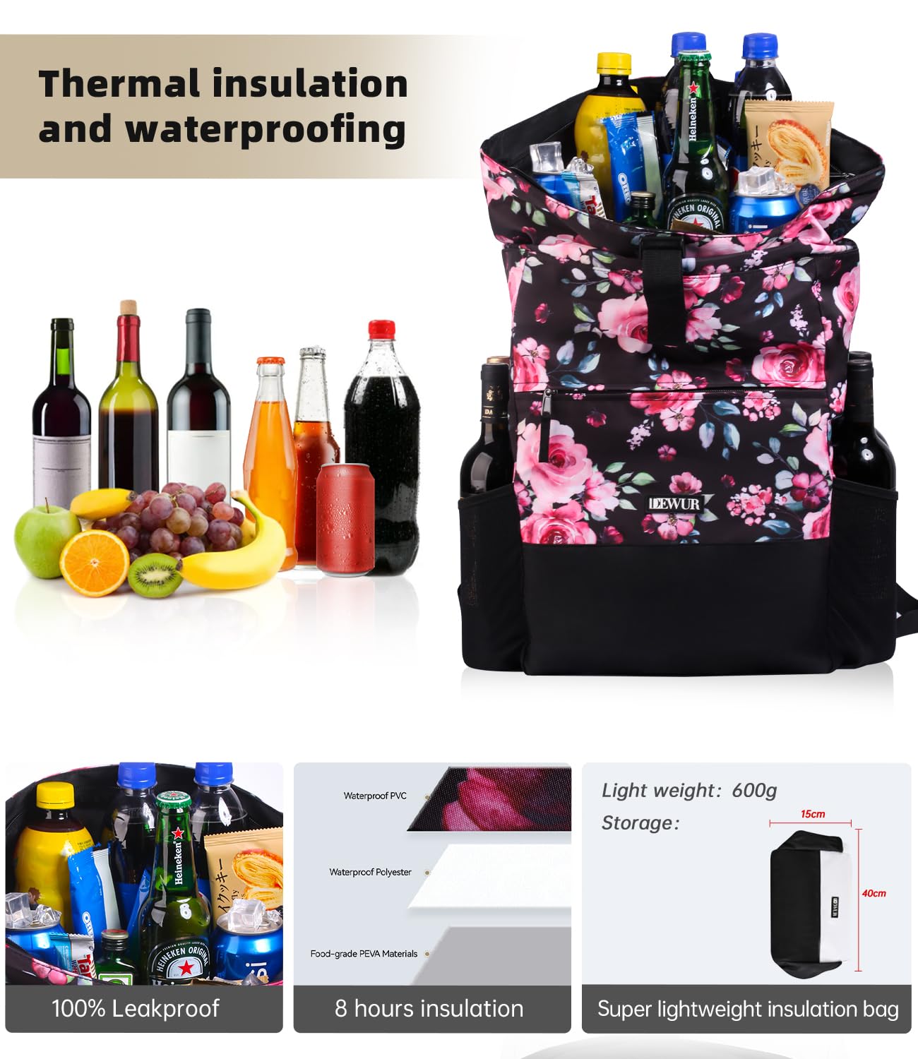 DEWUR Sac à dos isotherme de 35 l - Imperméable - Avec décapsuleur - Pour pique-nique, camping, plage, randonnée, voyage, shopping