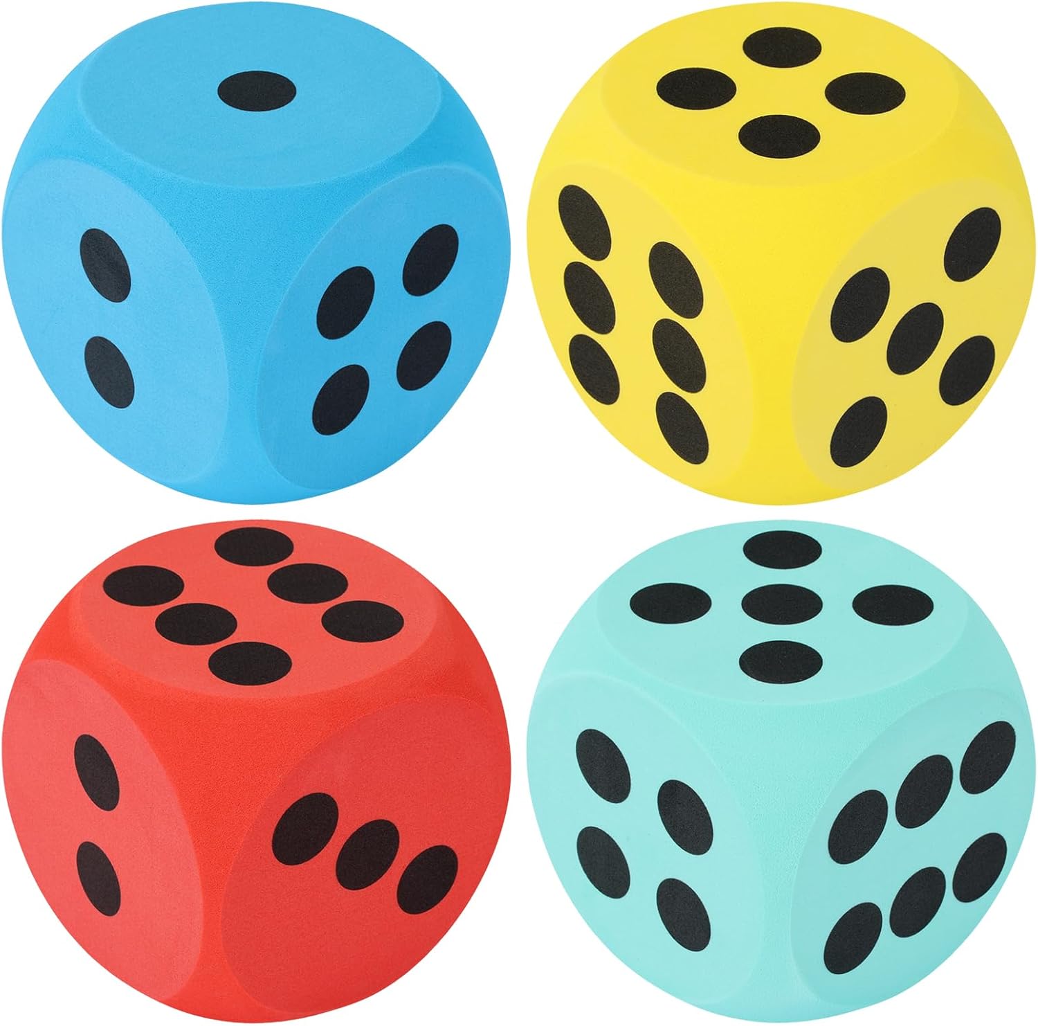 4 PCS Large Foam Dice Jumbo 6-Sided Squishy Stress Relief Colorful Giant Dice Decorative Eva Foam Large for Party Math Learning Family Board Game Favors Red+blue+yellow+green
