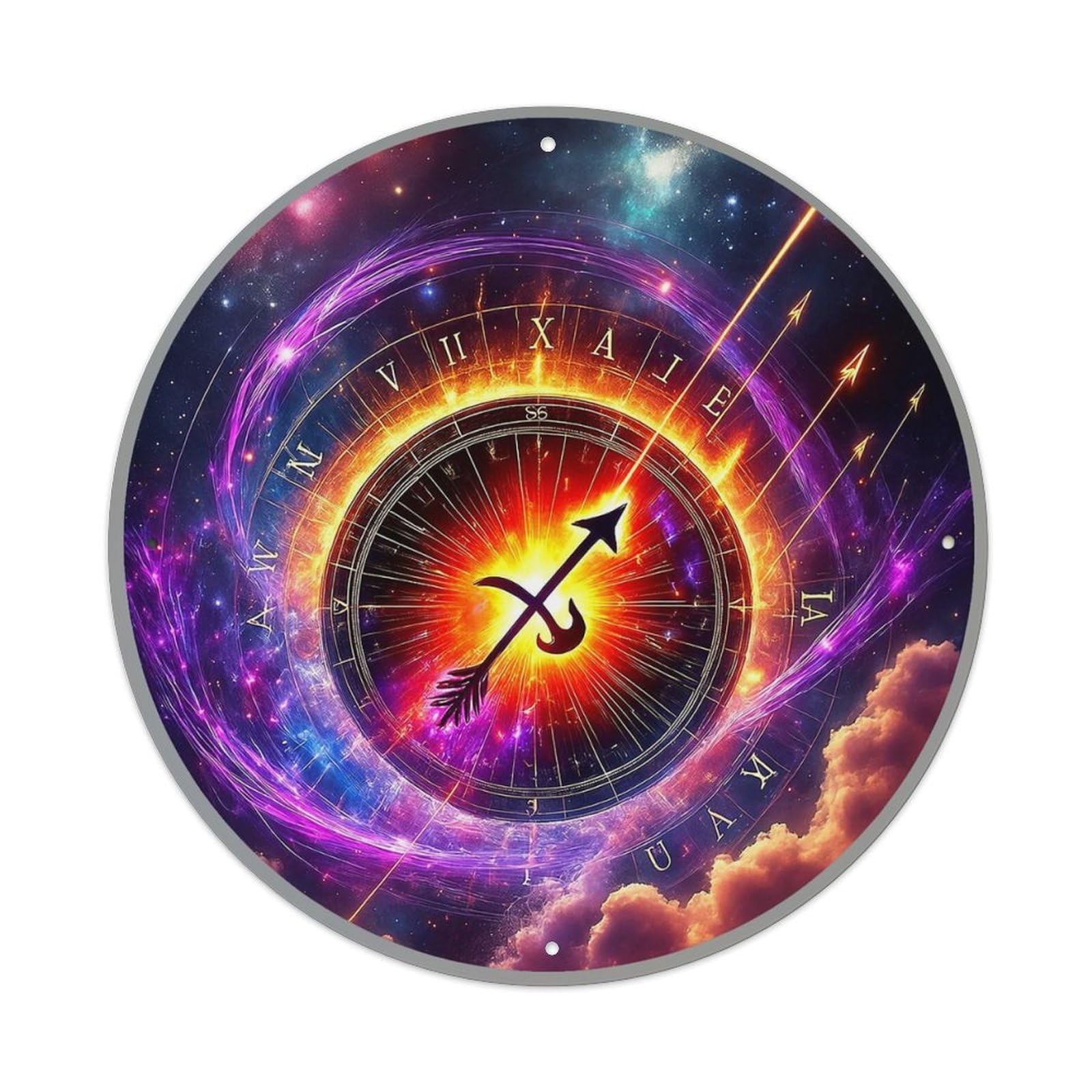 Cosmic Zodiac Arrow Clock Design Vintage Round Tin Sign Retro Metal Wall Decor Metal Poster, Home Bar Garage Cafe Wall Art Decoration 8x8Inches