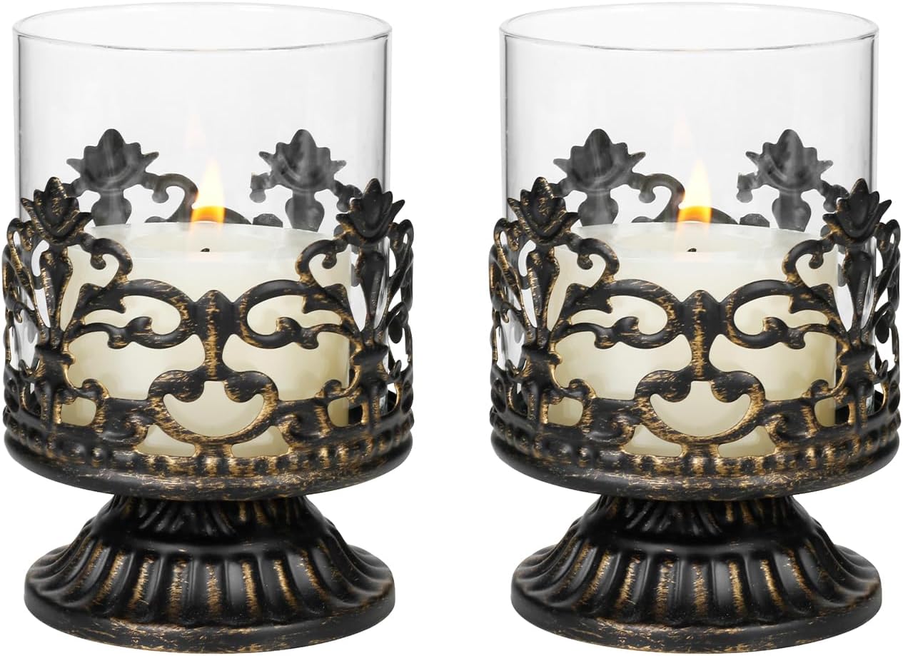 Decorative Vintage Candle Holder Black Set of 2 Lanterns Gothic Decorative Candle Holder Metal Country House Baroque Decoration Living Room Window Decoration Lantern Halloween