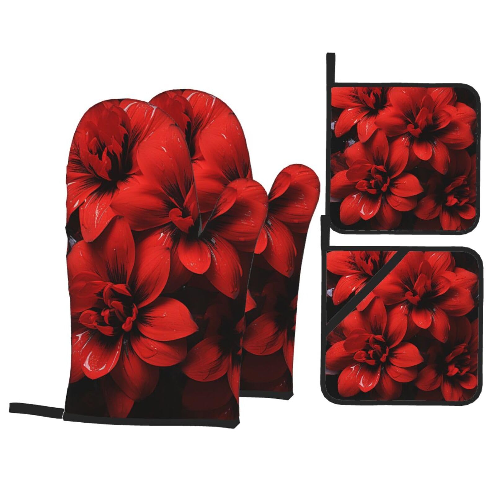 Gants de cuisine résistants à la chaleur lot de 4 maniques motif fleur rouge