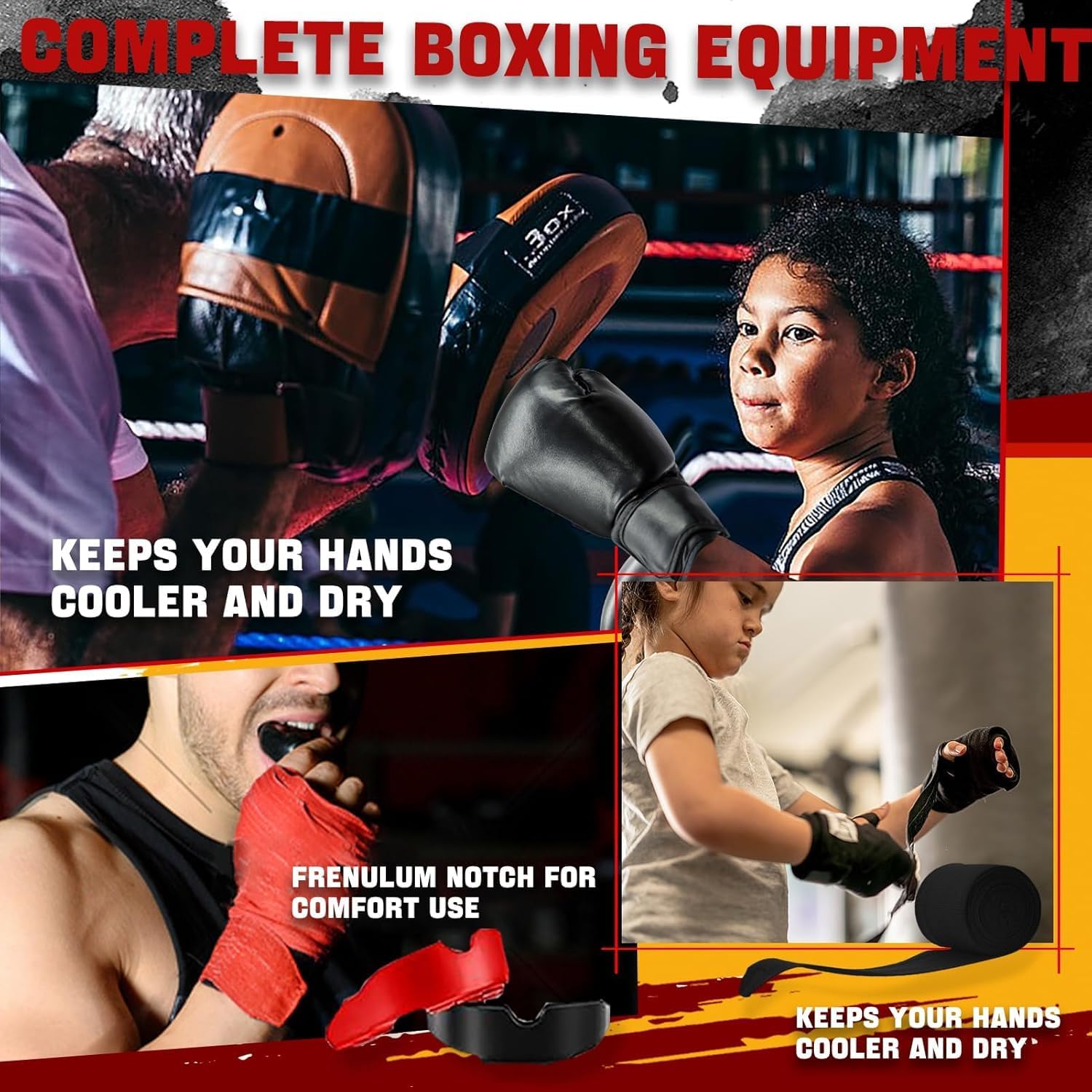 14 Pcs Boxing Set Boxing Equipment Set for Beginners Including 2 Pair of 6 oz Boxing Gloves Headgear Helmet Hand Wraps Mouth Guards Gifts for Kids Beginners Training Equipment