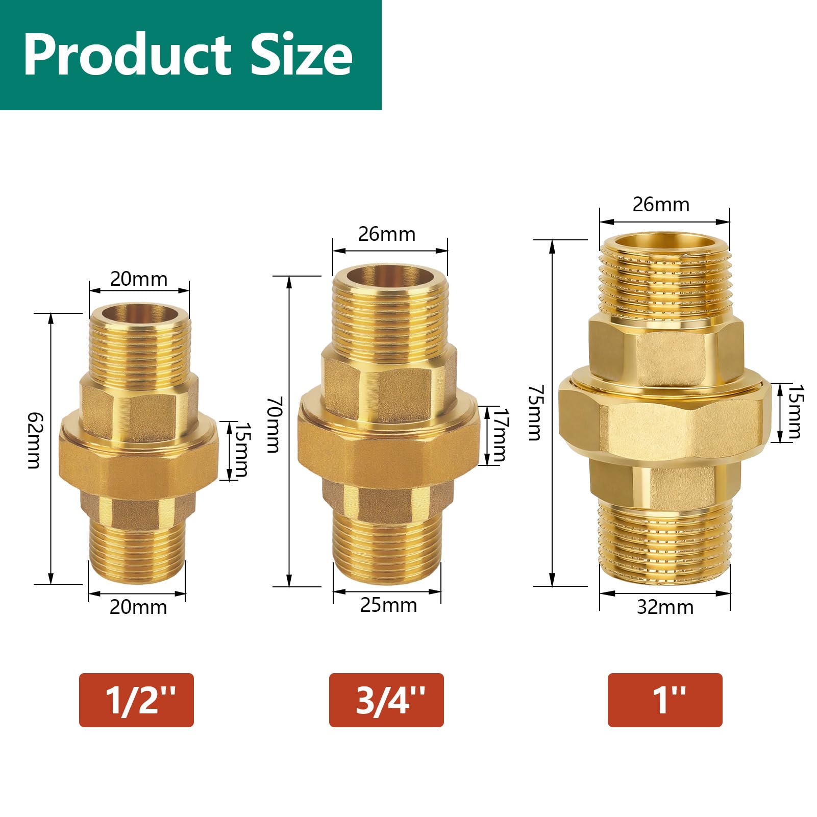 2 Stück Messing Verschraubung 3/4 Zoll, Verschraubung Konischdichtend, 3/4" AG/AG Messing Gewindefitting, DN20 Rohrverschraubung Gewindefitting (Außengewinde x Außengewinde, 3/4")