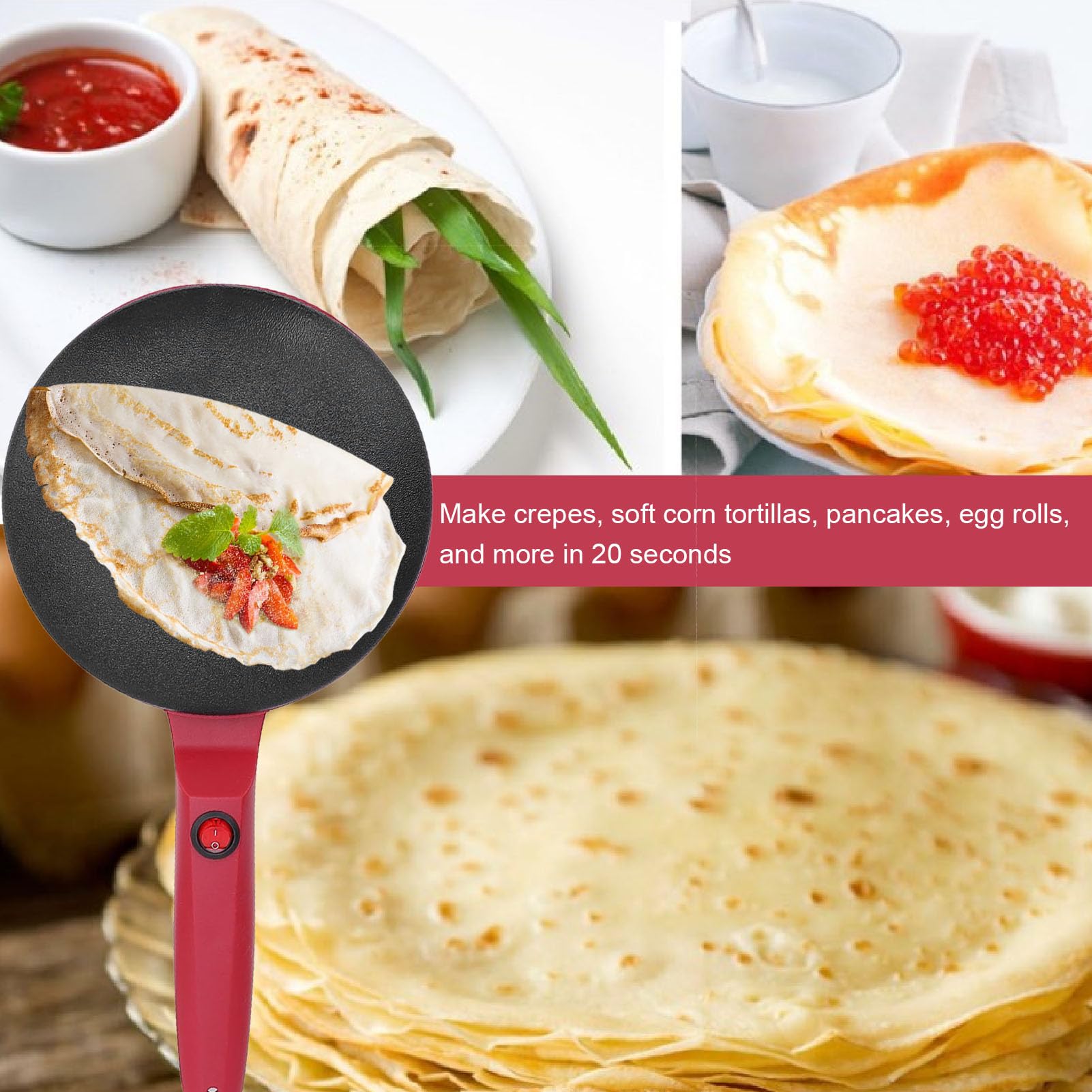 Elektrischer Crêpe-Maker, Antihaftbeschichtet, Pfannkuchenmaschine, Automatische Temperaturregelung für die Küche zu Hause (1 rot)