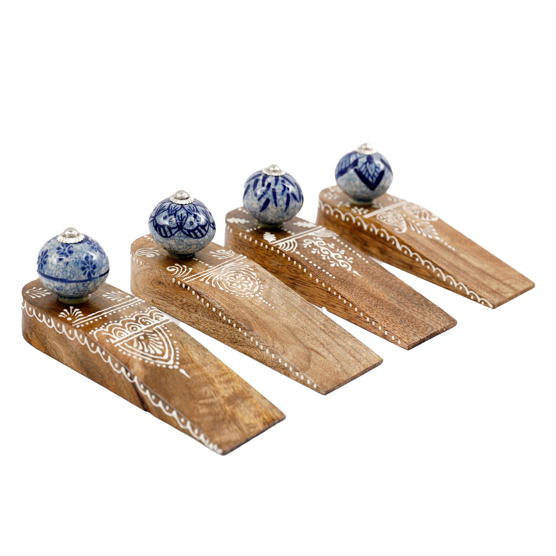 Carousel Home Natural Set Of 4 Traditional Wooden Door Stop Wedges, Mango Wood Decorative Door Stopper Wedges, Wood & Blue Ceramic Floor Doorstops