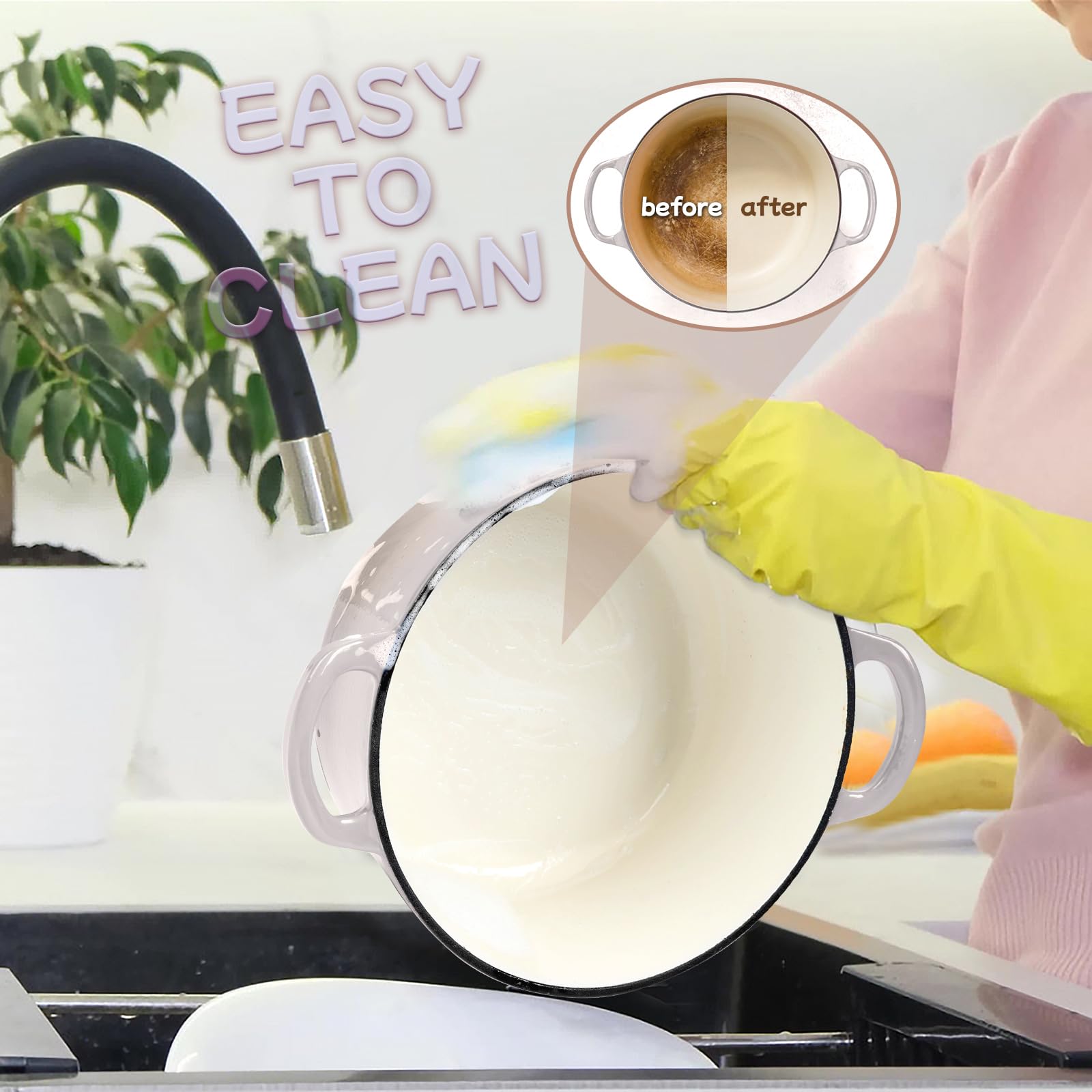 HaSteeL Horno holandés de hierro fundido de 6 cuartos de galón, olla esmaltada presazonada con tapa, utensilios de cocina redondos antiadherentes para hornear pan de masa madre, asar, estofar, freír,