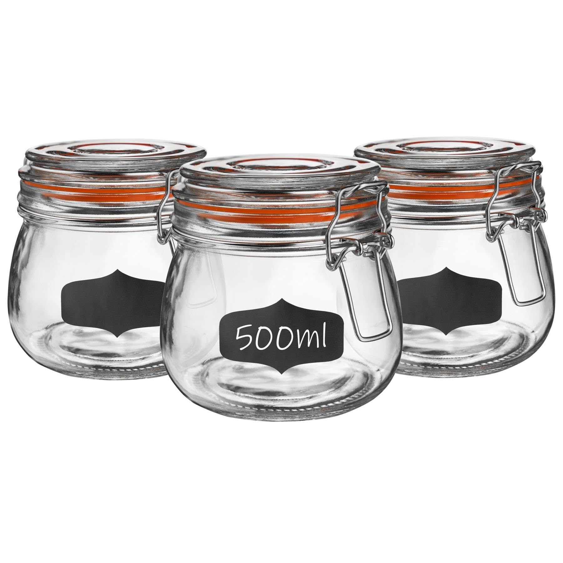 Argon Tableware Glass Jars with Airtight Metal Clip Lid & Chalkboard Stickers - 500ml/17.6oz - 6 Pack - 4 Colour Seals - Kitchen Container Round Preserving Jar for Pickling, Chutney, Jam, Coffee