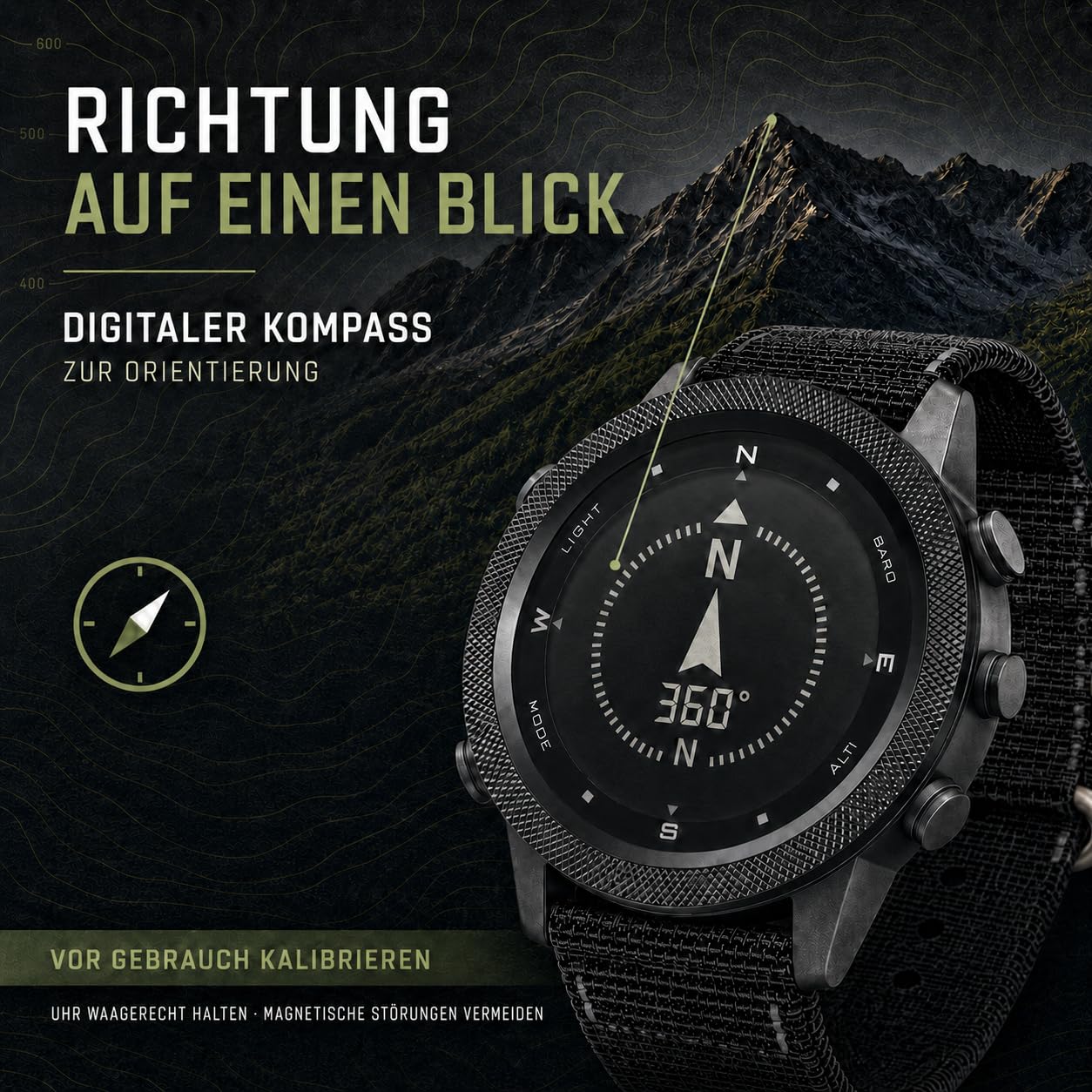 NORTH EDGE Apache Outdoor Digitaluhr Herren, 50M, Kompass | ABC-Outdooruhr, 50M wasserdicht, Höhenmesser, Barometer, Kompass, Schrittzähler, EL-Licht
