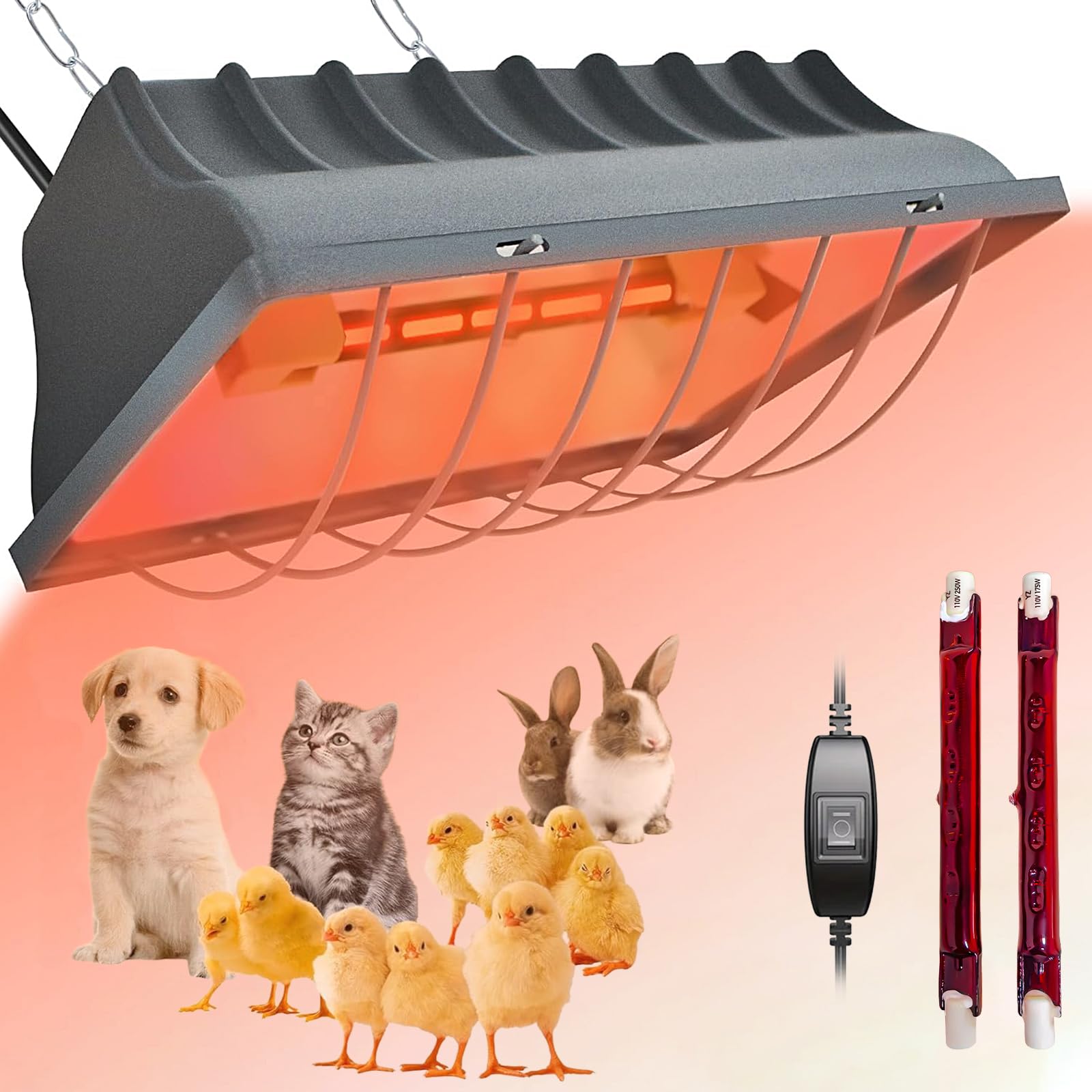 Czerwona lampa ciepła dla piskląt, 250 W, wodoszczelna lampa grzewcza, dla kurników, dla zwierząt, promiennik ciepła z przełącznikiem oszczędnościowym, regulowany łańcuch do zawieszania dla