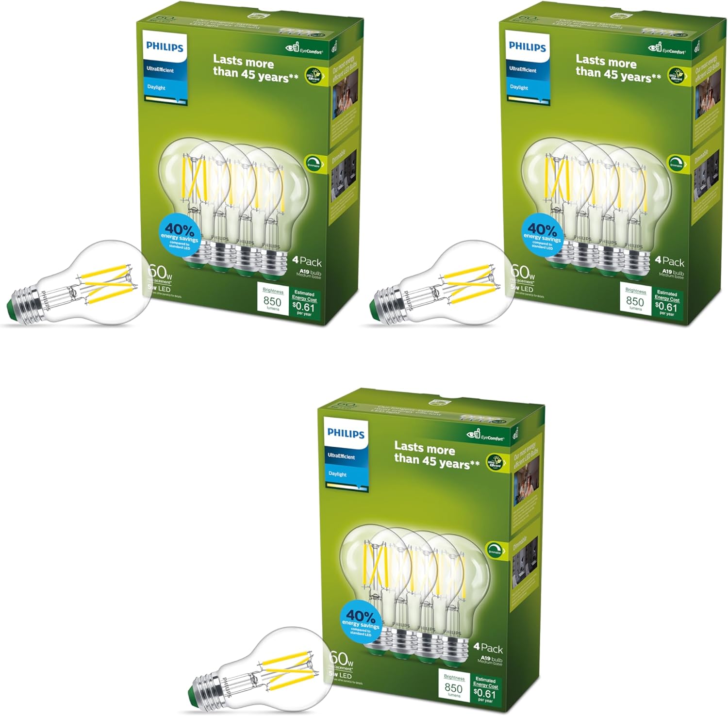 Philips Ultra Efficient, A19 Clear Dimmable, EyeComfort, Flicker-Free, 800 Lumen, 5000K Daylight, T20, E26 Base, 60W, 12-Pack
