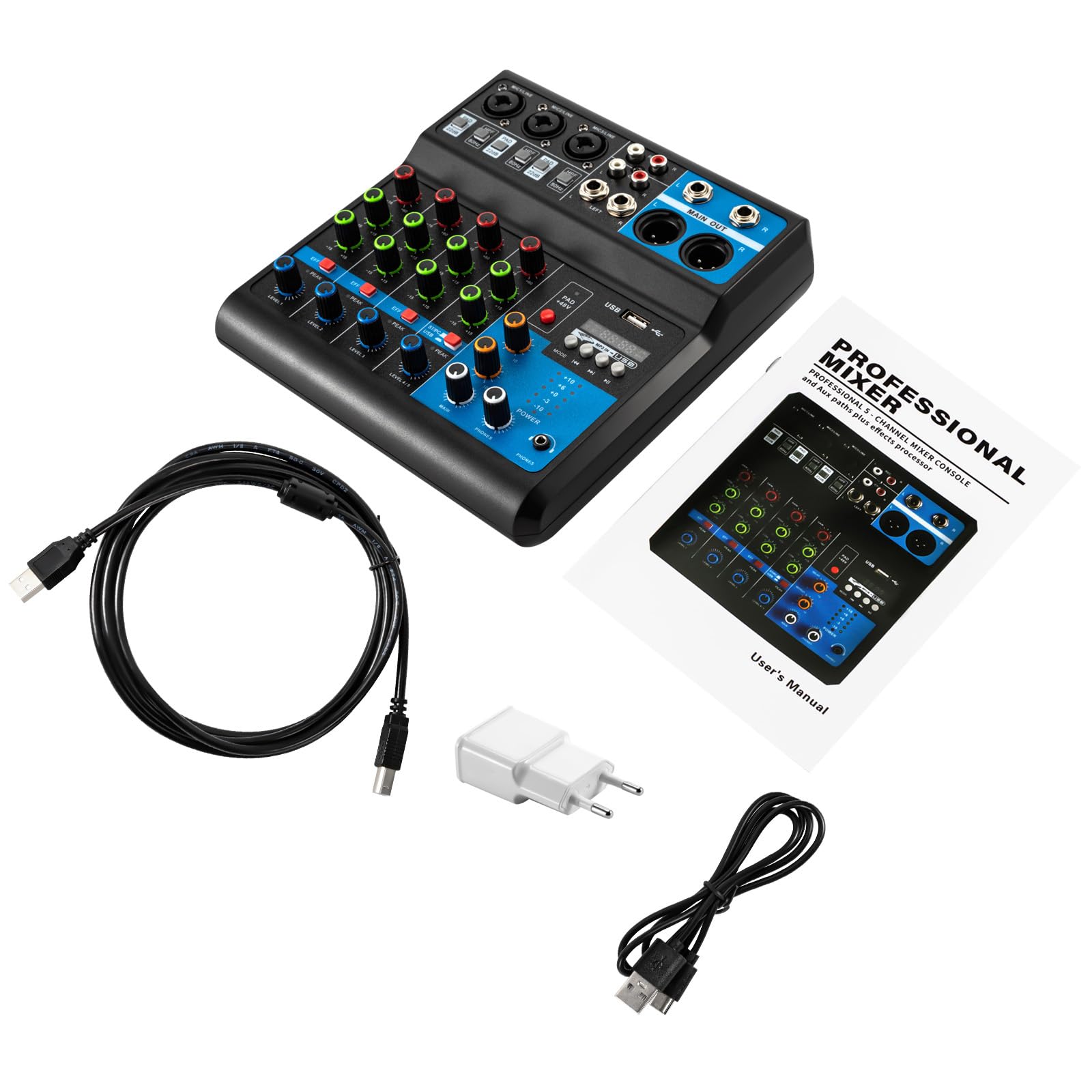 5 canales de audio DJ Mixer Soundboard Console System,DJ Mesa de mezclas profesional Audio Interfac Streaming Music Mixer,Soporta interfaces, conexiones USB y Bluetooth