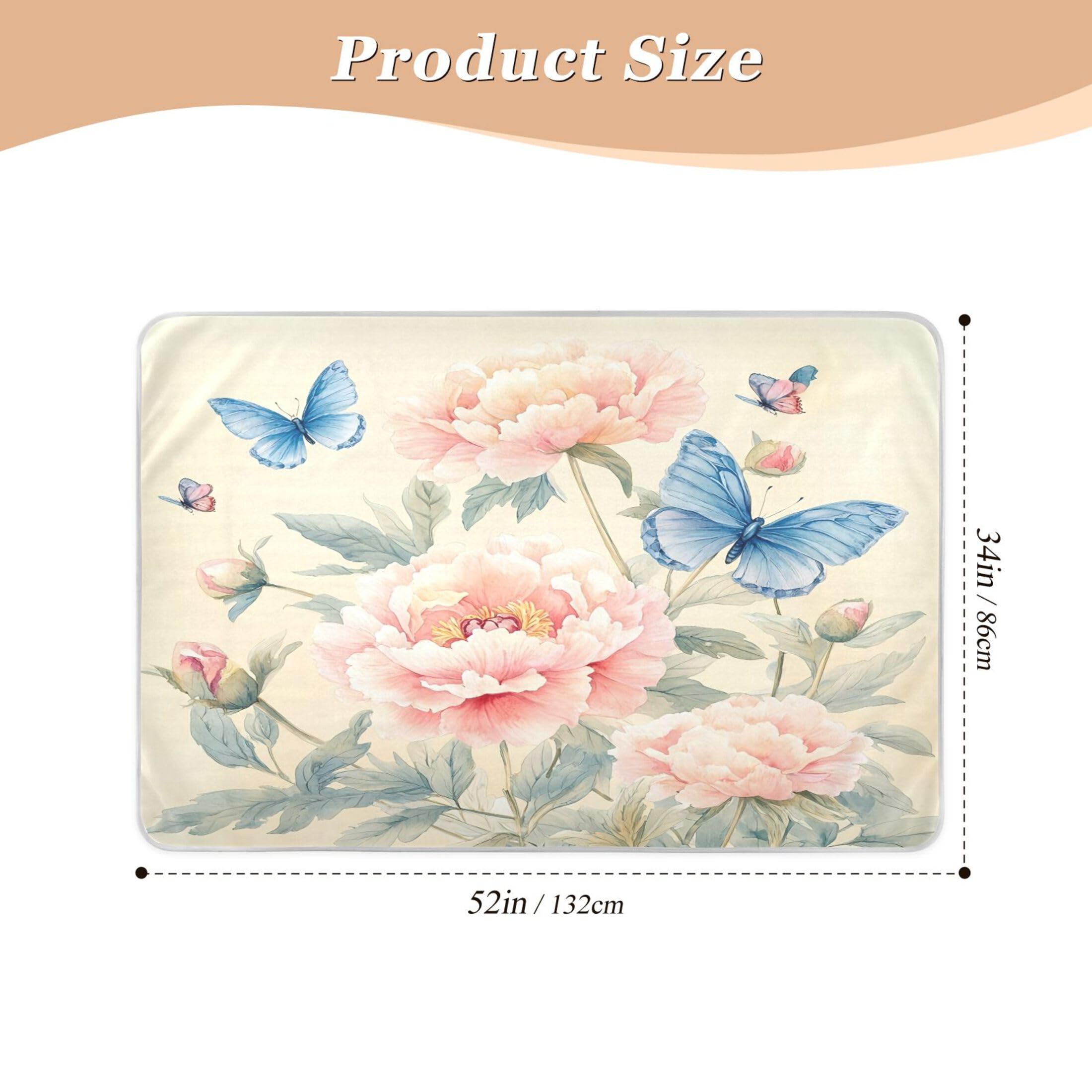 Takiito Delicate Pink Peonies Butterflies Bed Pad Reusable Bed Underpad Washable Waterproof Leak-Proof Quick Dry Incontinence Pee Pad for Toddlers Kids Adults Pets 34x52 in