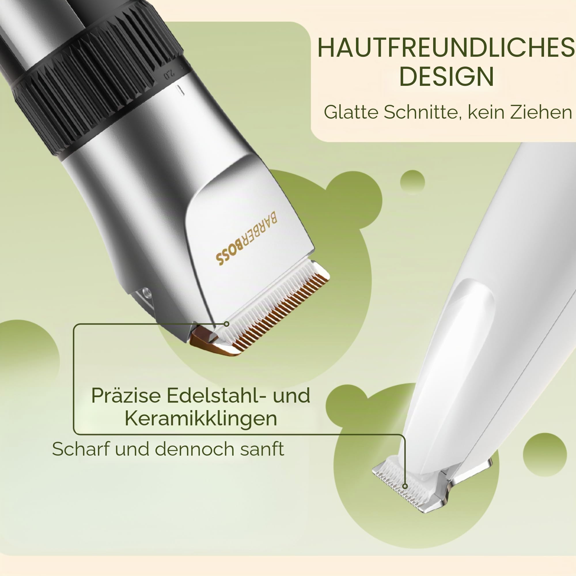 BarberBoss Kabelloser Haustier-Fellpflege-Clipper, Keramikklingen, LED-Display, schnelles Aufladen, elektrische Haustierschneidemaschine für Hunde und Katzen (Silber und Weiß) | Für Hunde und Katzen, Geräuscharm, LED-Anzeige, Wasserdicht, USB-aufladbar, K