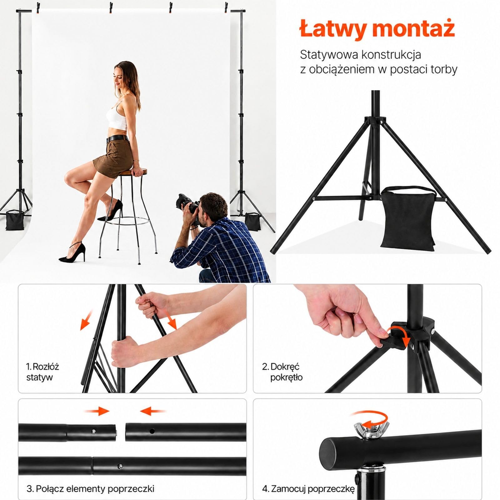 Regulowany system tła do studia fotograficznego, baner i tkanina