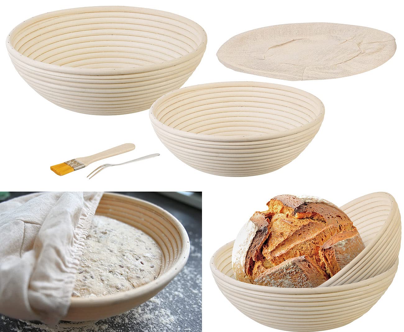 Rosenstein & Söhne Brot Backen Zubehör: 4er-Set Gärkörbe, Ø 25 & 30 cm, Abdecktücher, Gabel, Reinigungspinsel (Brotbackschale, Korb-Schale, Topf)