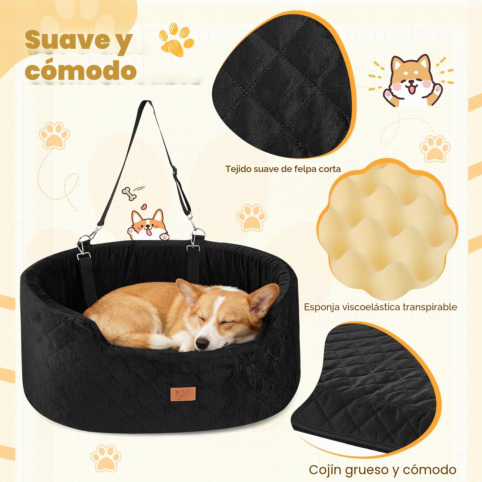 Asiento de Coche para Perros Medianos/Grandes, con Asiento Extraíble, Cuerda de Seguridad & Base Antideslizante y Funda Extraíble, Asiento de Coche para Perros (Redondos 78x52x36CM)