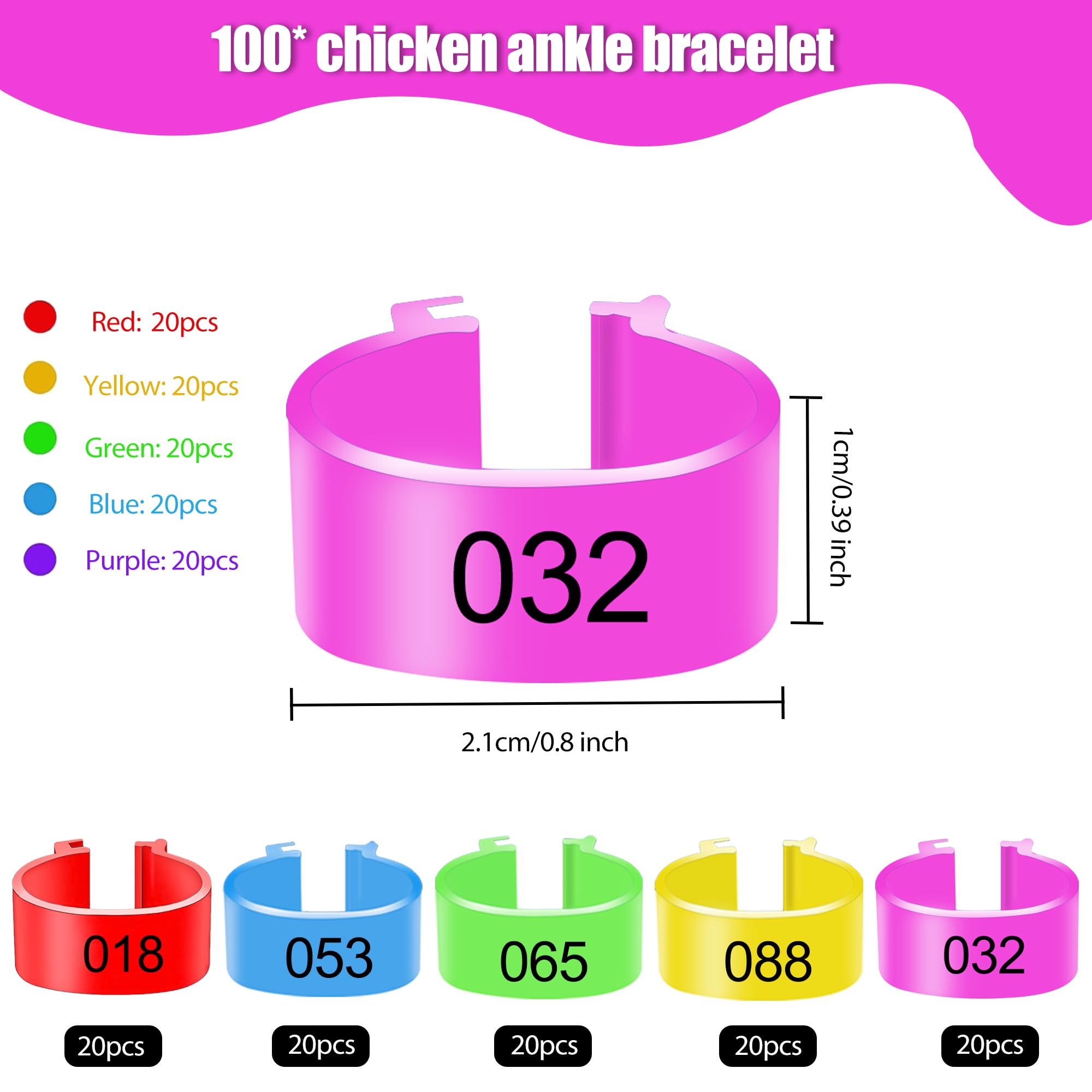 Anillos para las piernas de pollo 20mm Identificación multicolor clip numerado para aves de corral pavo pato ganso Guinea