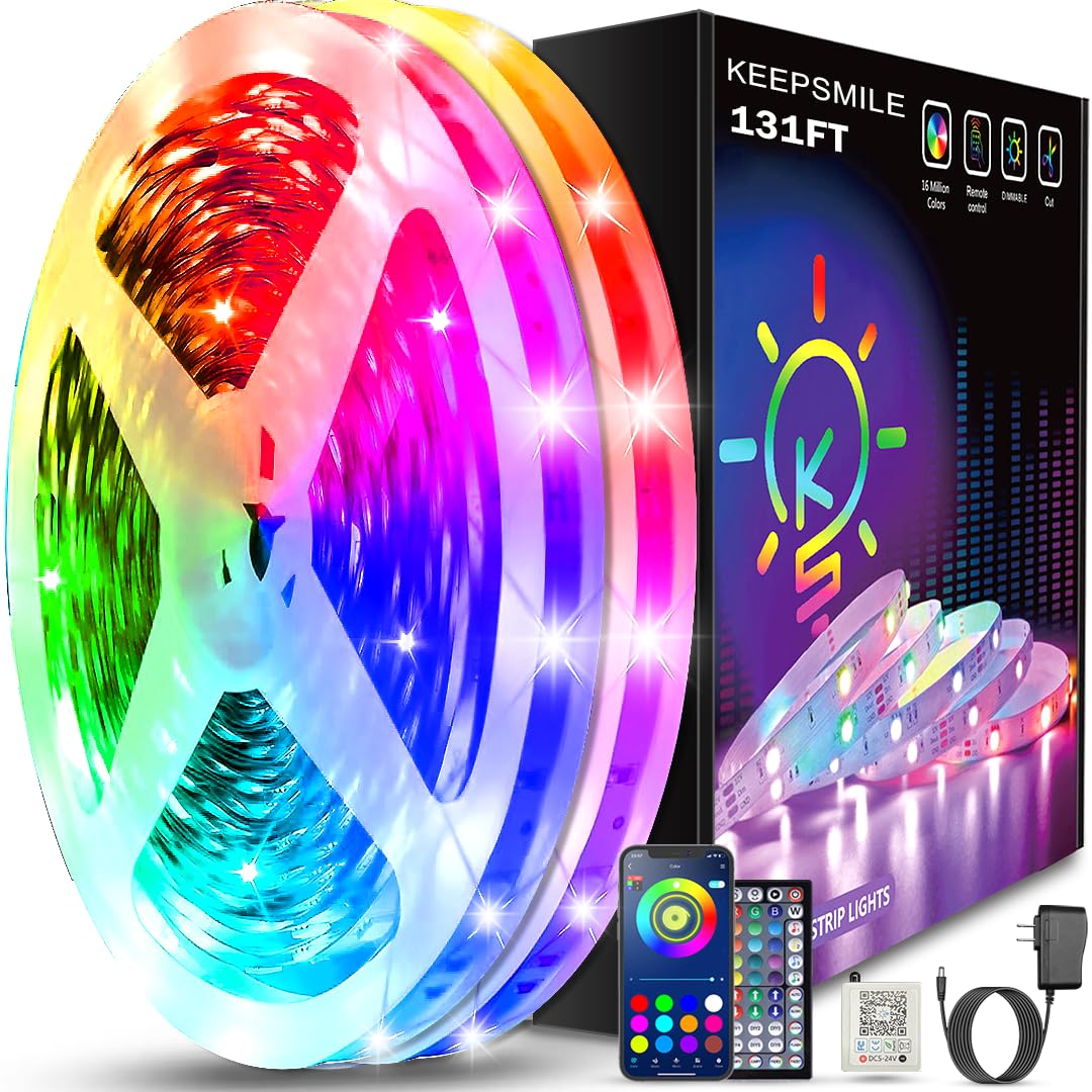 Keepsmile 131ft Led Strip Lights (2 Rolls of 65.5ft) Bluetooth Smart App Control RGB Led Light Strip with Remote,Music Sync Color Changing Led Lights for Bedroom Room Home Party Decor