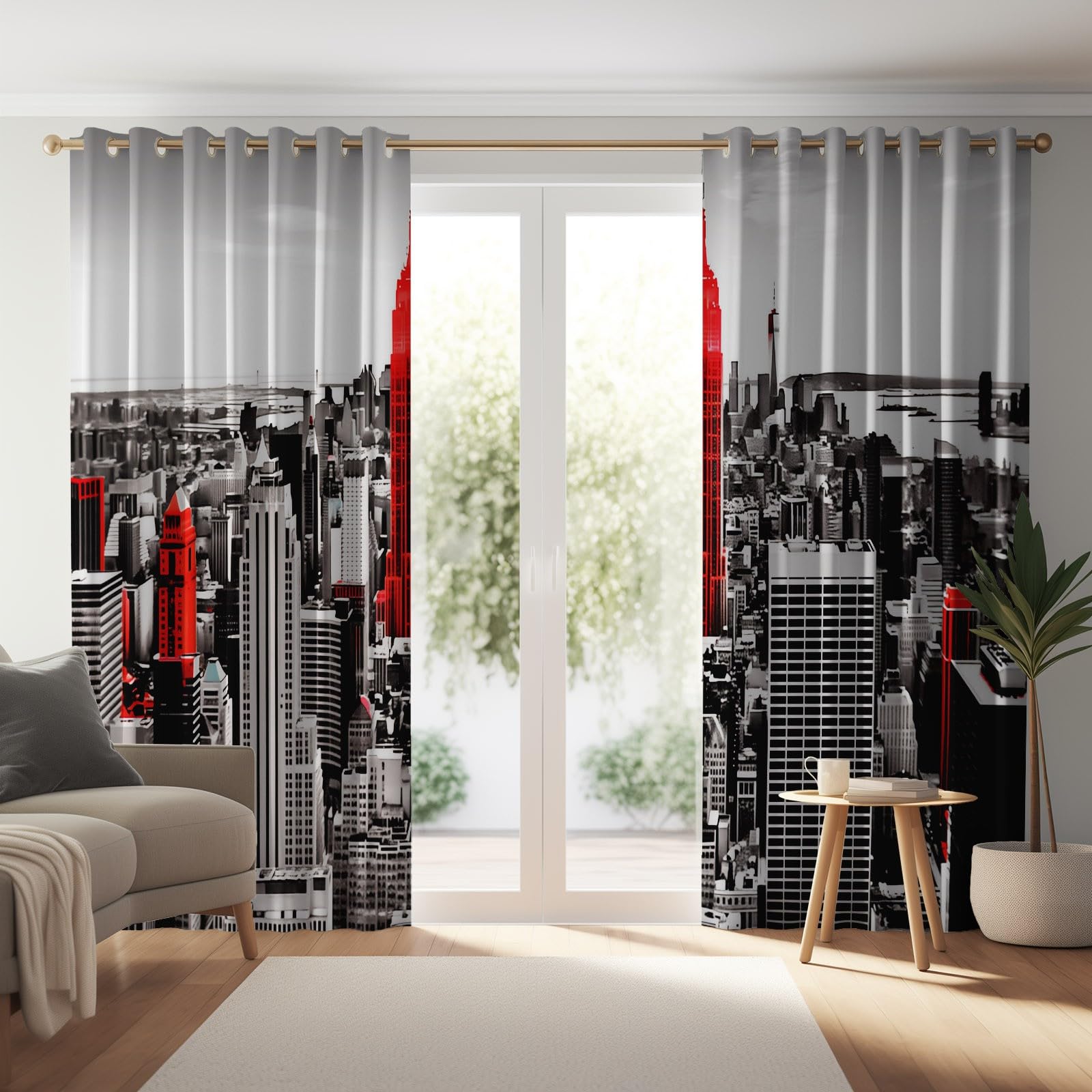 Rideau Occultant Motif Skyline Rétro de New York Gris Rouge, Rideau Thermique Isolant Anti Chaleur Tenture Opaque à Oeillets Isolation Anti UV pour Chambre Maison Salon, 140L x 250H cm (2 Panneaux)