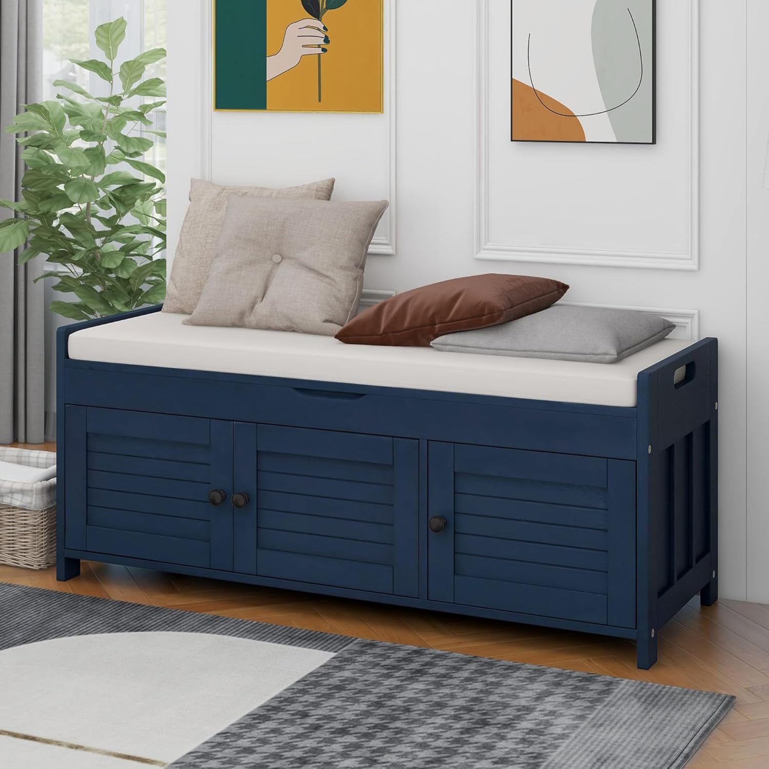 P PURLOVE Storage Bench Entryway Bench with Removale Cushion, 3 Shutter-Shaped Doors and Hidden Storage Space for Living Room Entryway, Antique Navy