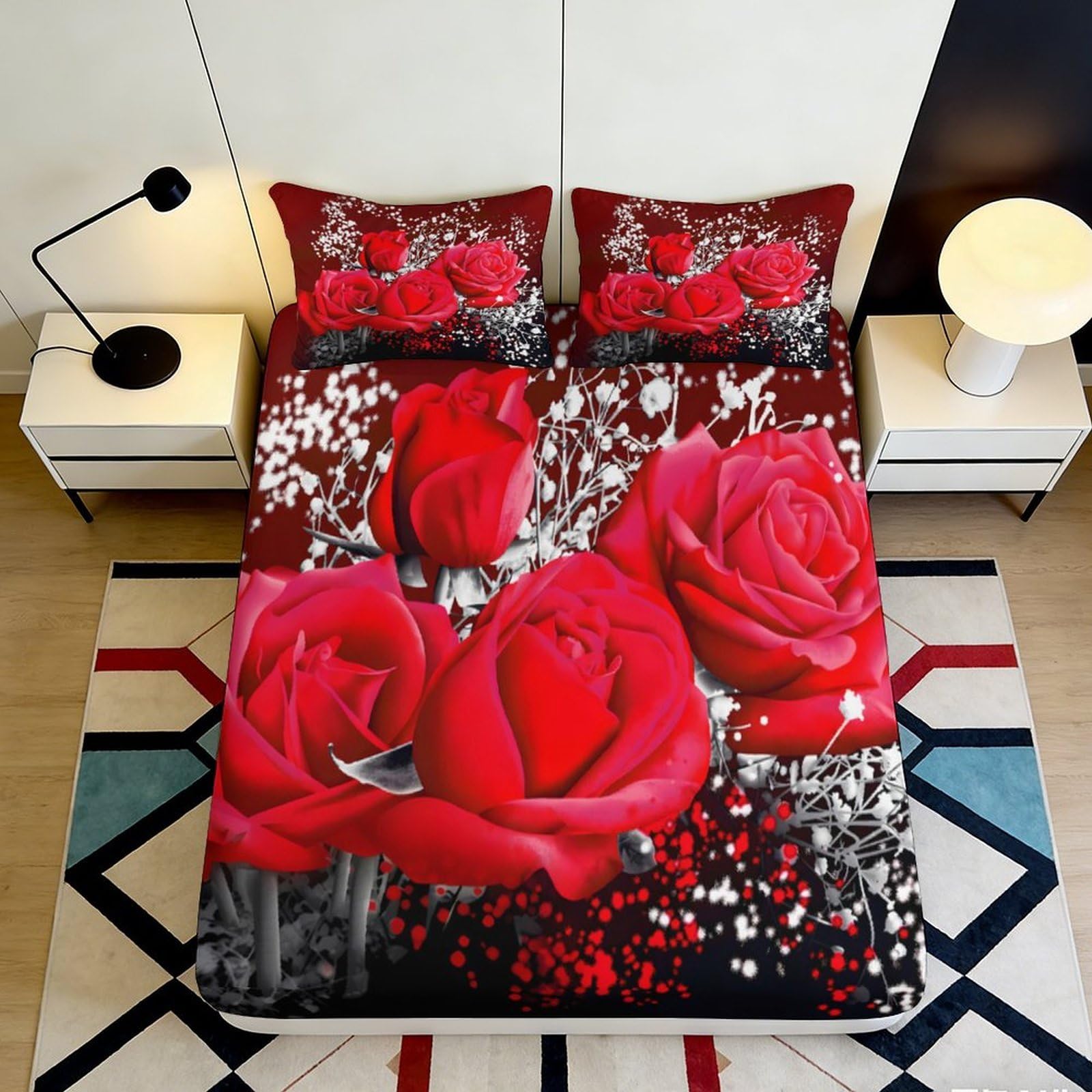 3D Printed Red Rose Flower Fitted Sheet Microfiber Decorative Romantic Bed Sheet for Bedroom Dorm Mattress Cover 90x200x25cm