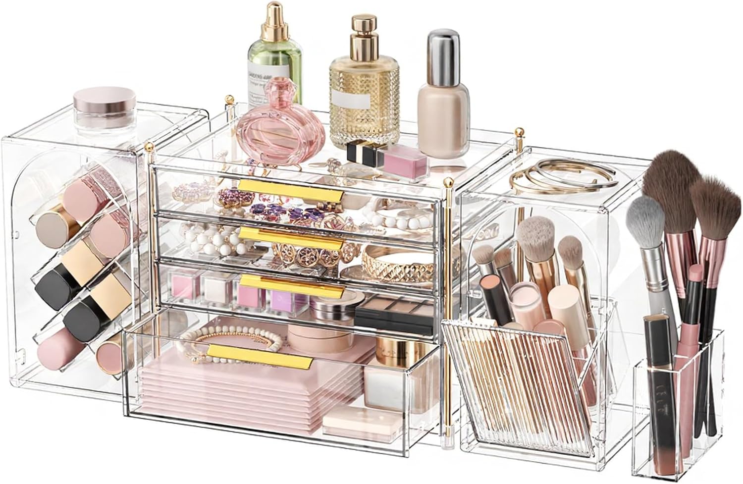 4-Tier Drawer Makeup Organizer, 3-in-1 Free Combination Cosmetic Storage with Lipstick Holder & Brush Rack, Skincare Organizer with Mini Tray for Vanity Bathroom Bedroom Dorm