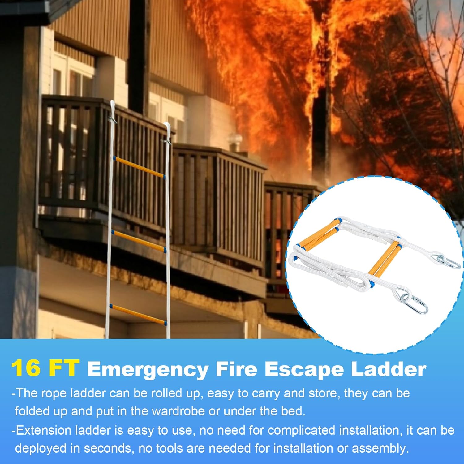 Fire Escape Ladder 2 Story, 16 FT Rope Ladder Fire Escape 2 Story, Portable Rescue Fire Escape Ladders for 2-3 Story Home Window Balcony Railing Treehouse, Weight Capacity up to 2000 Pounds